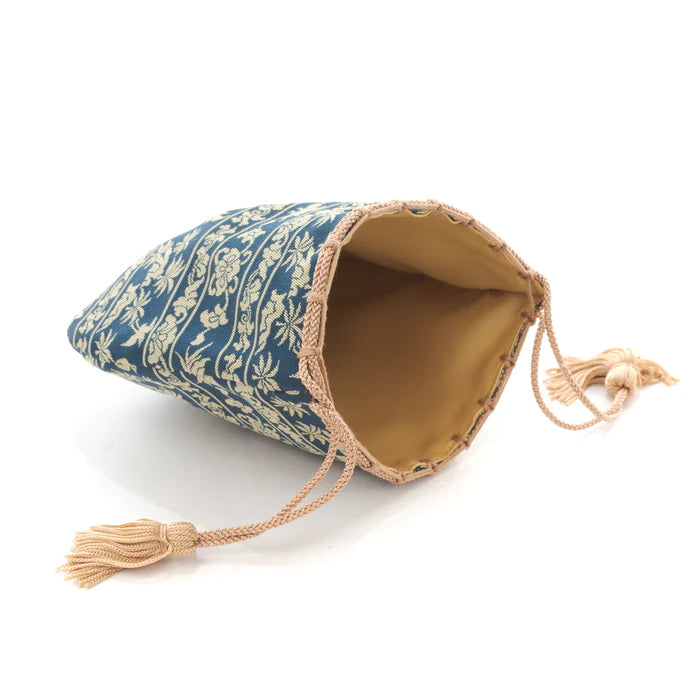 Nishijin Ori Small Drawstring Bag - Bird & Navy Blue - Handmade in Kyoto Japan - Traditional Japanese Craft Purse - Perfect for Gifts, Jewelry Storage & Cultural Events