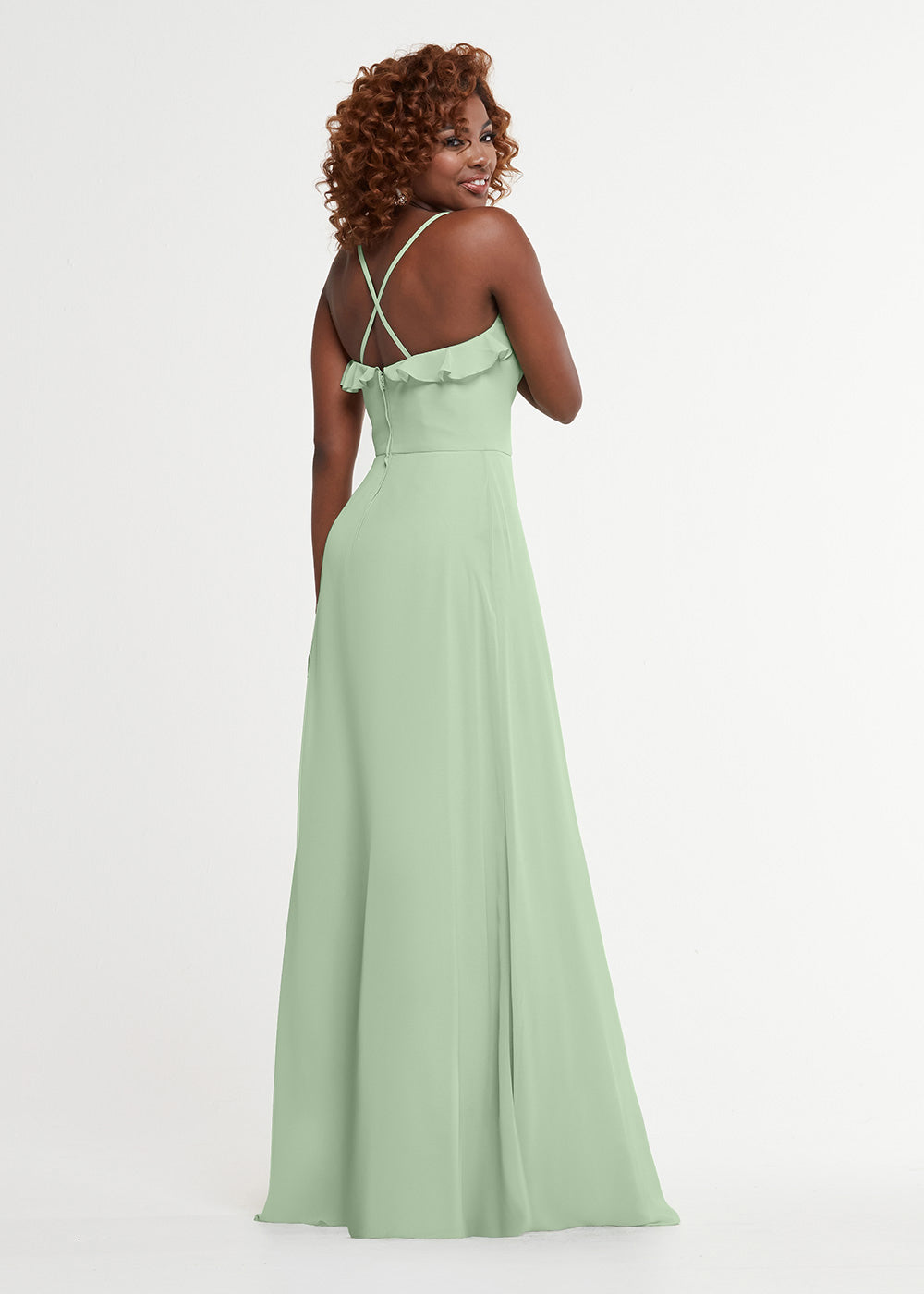 Elegant 80174 Chiffon A-Line Bridesmaid Dress with Ruffles & High Slit - Perfect for Weddings, Formal Events & Special Occasions