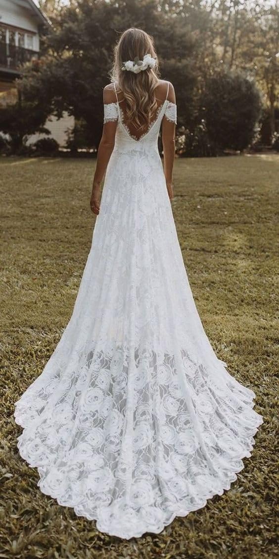 Elegant Lace Mermaid Wedding Dress with Spaghetti Straps - Boho Beach Bridal Gown for Bride | Perfect for Beach Weddings, Destination Elopements & Romantic Ceremonies