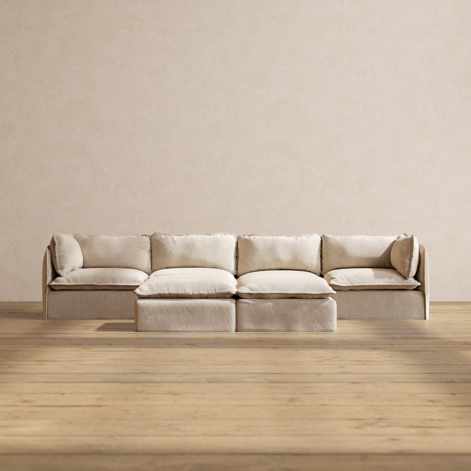 Modular Performance 4-Seater Sofa with Bench Ottoman in Oat - Modern Sectional Couch for Living Room, Family Room & Lounge Areas | Relaxed Blend Fabric | Space-Saving Design