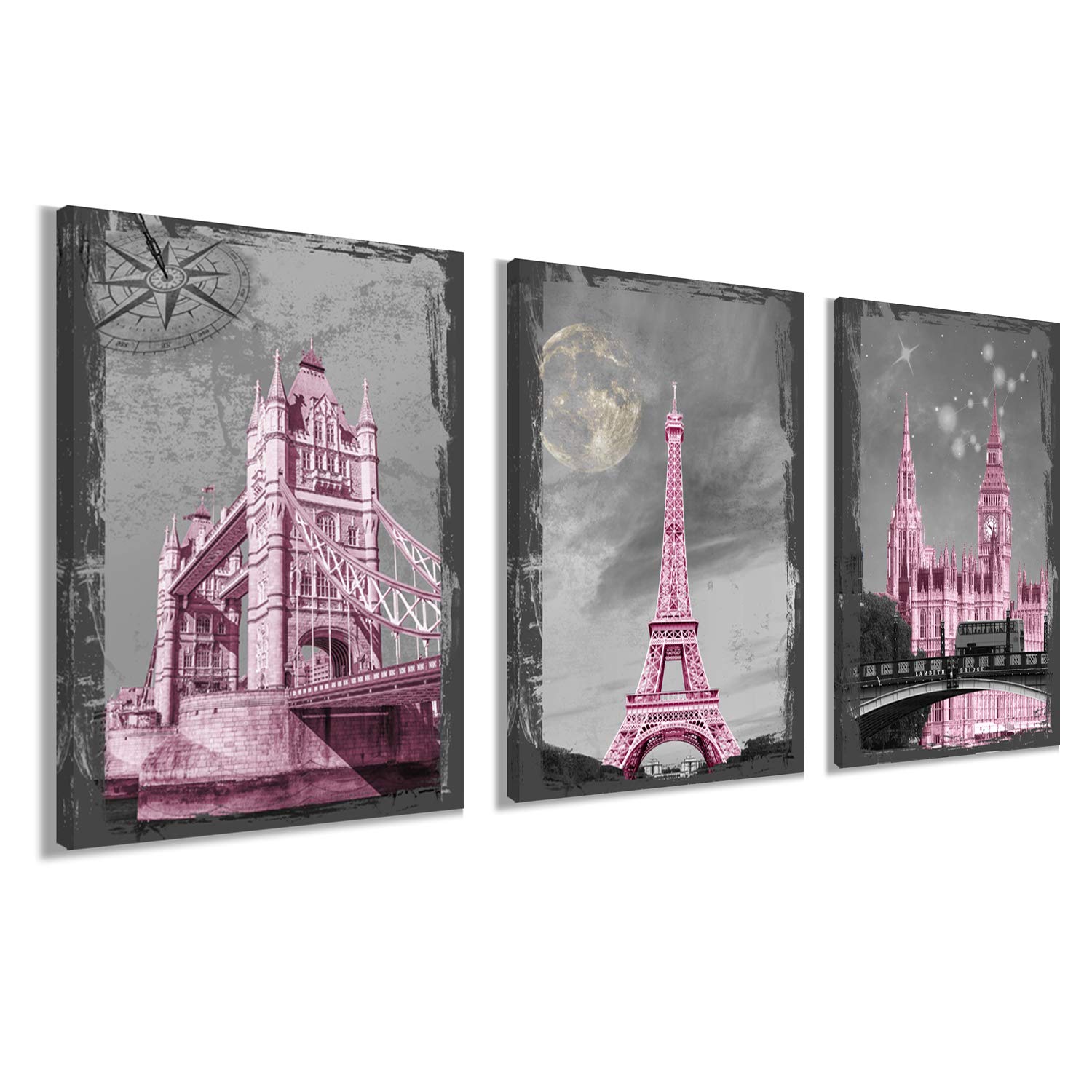 YUANAND Eiffel Tower Wall Decor - Pink Paris Canvas Art for Girls' Room - Framed Bedroom Posters & Paintings - Perfect for Kids' Bedroom, Nursery, and Teen Room Decor