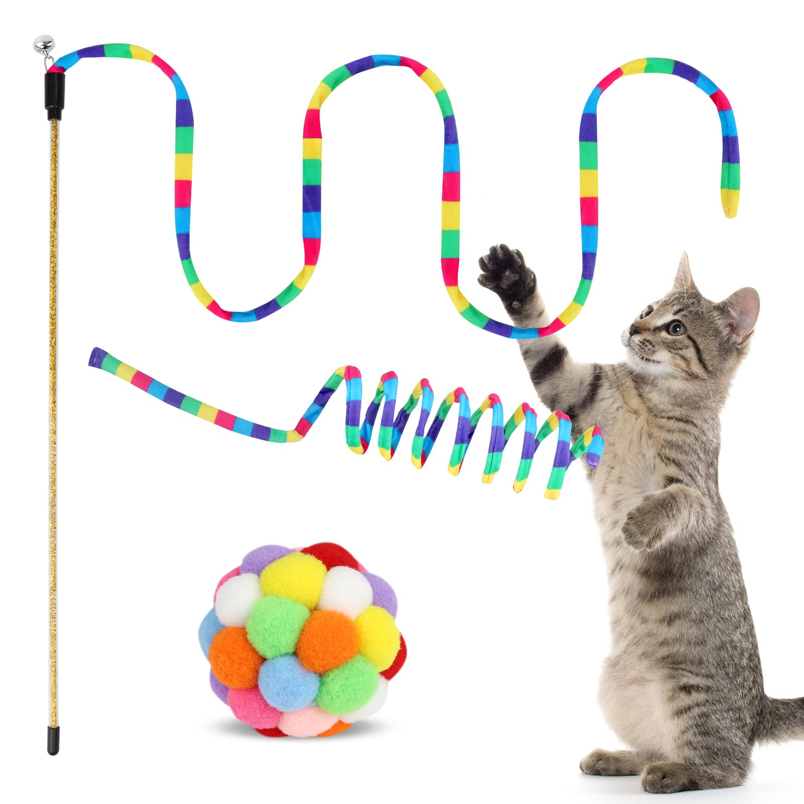 **TUSATIY 3-Pack Cat Toys Set - Interactive Cat Wand with Fuzzy Balls, Bells & Springs - Rainbow Color Toys for Indoor Cats & Kittens - Perfect for Playtime, Exercise & Bonding**