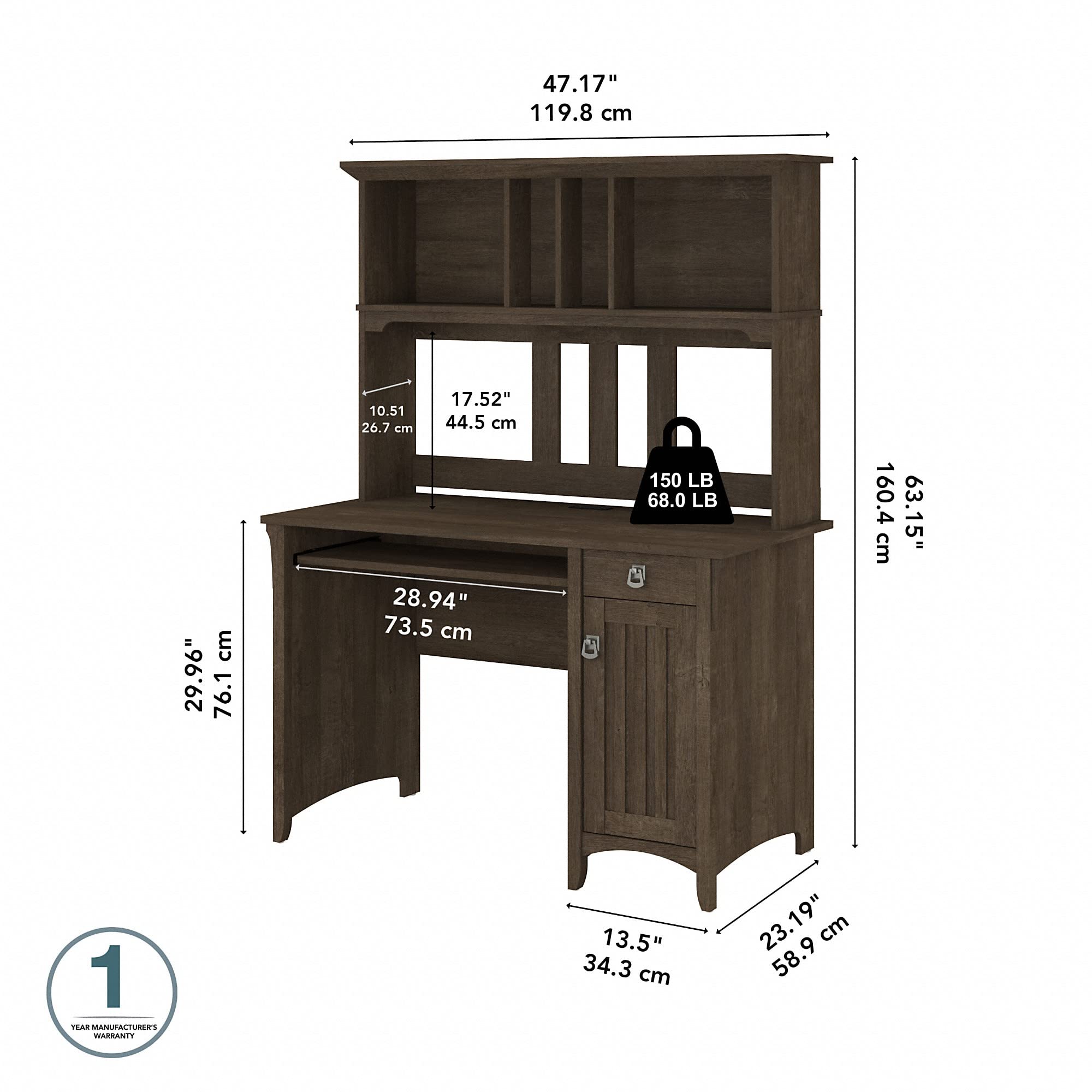 Bush Furniture Salinas Computer Desk with Hutch - Modern Home Office Desk with Drawers, Storage Cabinets & Pull-Out Keyboard Tray in Ash Brown | Study Table for Small Spaces, Work from Home Setup, Gaming Station & Remote Work Office Furniture