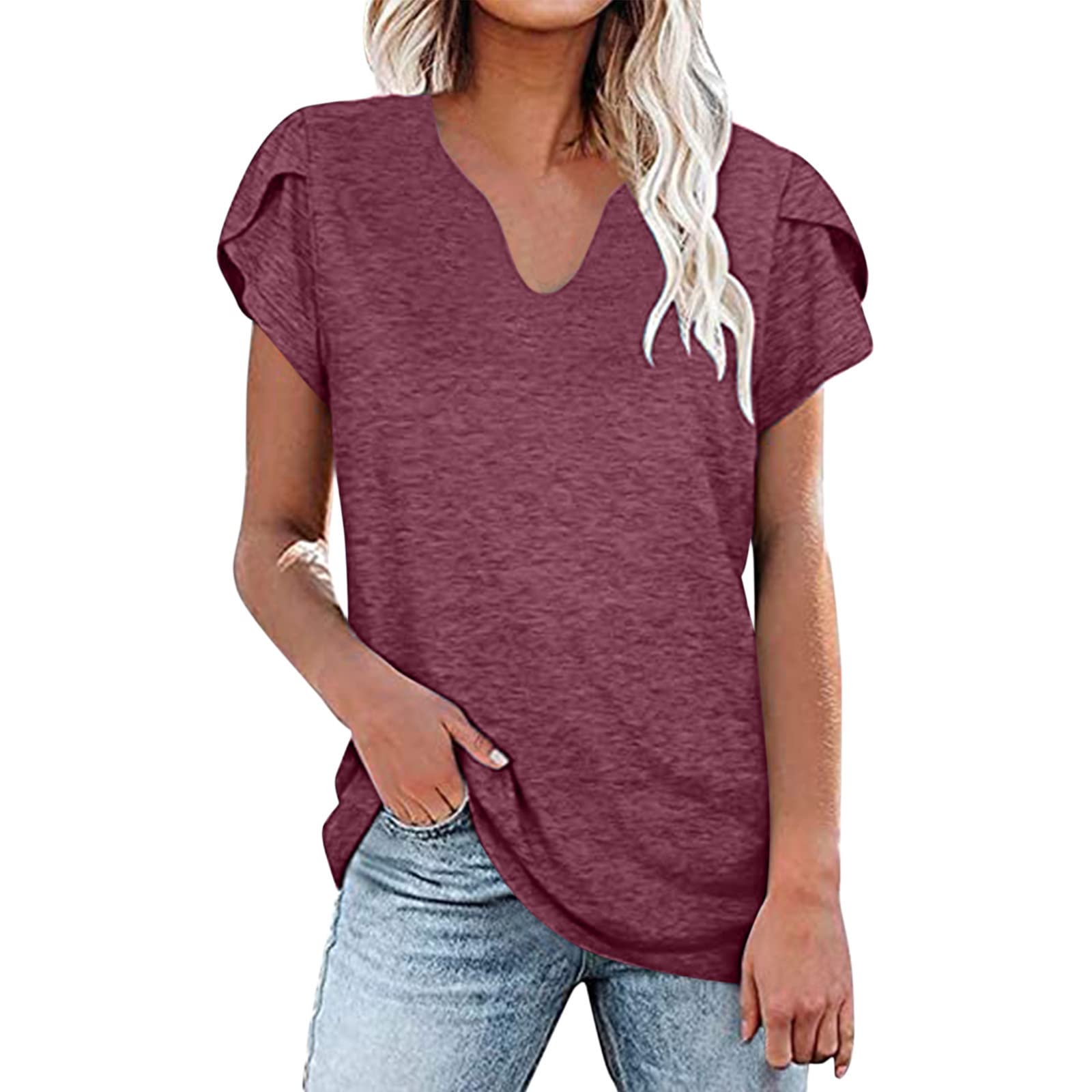 Women's Summer Casual Ruffle Sleeve V-Neck Blouse - Cute Solid Tunic Shirt for Women | Perfect for Beach Outings, Date Nights & Office Wear