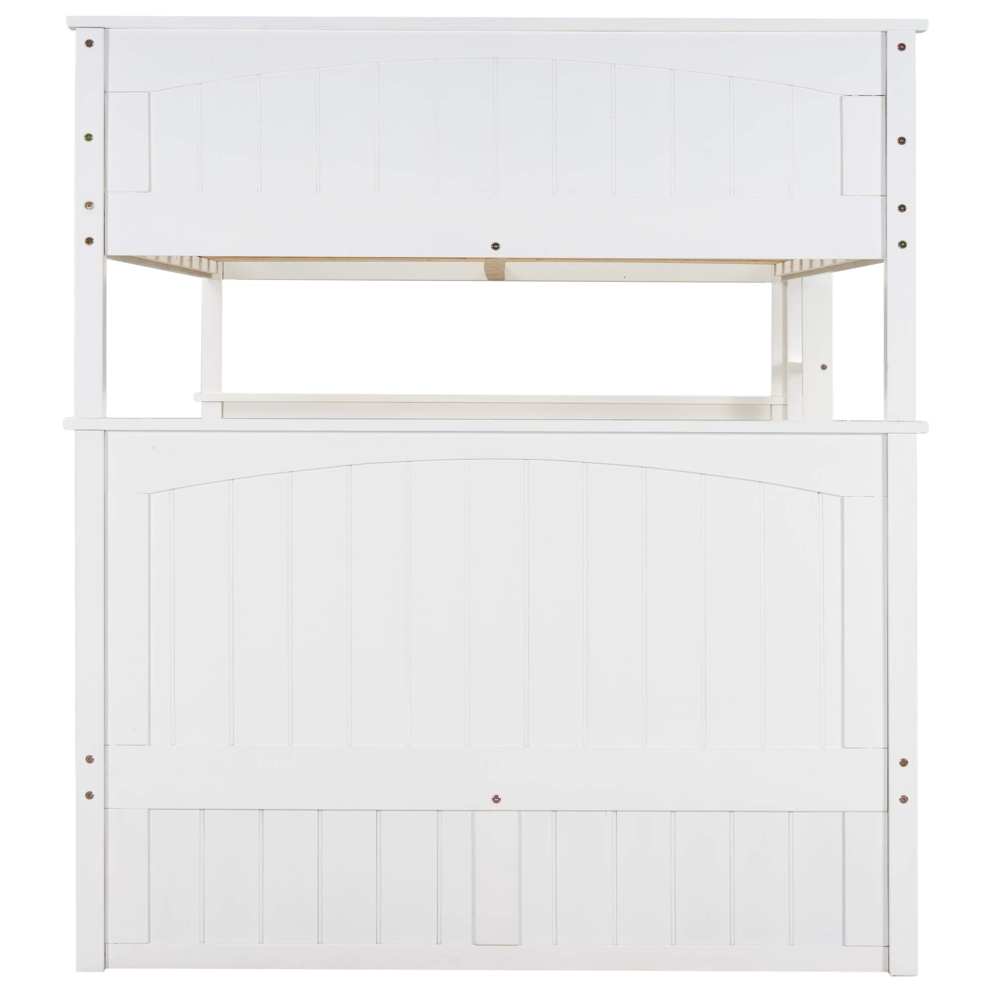 JULYFOX White Full Over Full Bunk Bed Frame with Twin Trundle - Solid Hardwood Platform Bed with Ladder, No Box Spring Needed - Space Saving Bunk Bed for Kids, Teens & Small Rooms - Perfect for Dormitories, Guest Rooms & Vacation Homes