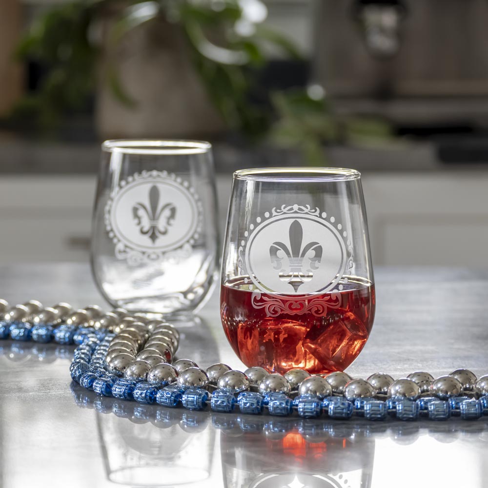 Royal Fleur De Lis 17oz Stemless Wine Tumbler Set of 2 - Elegant Glass Cups for Wine, Cocktails & Beverages - Perfect for Parties, Weddings & Home Entertaining
