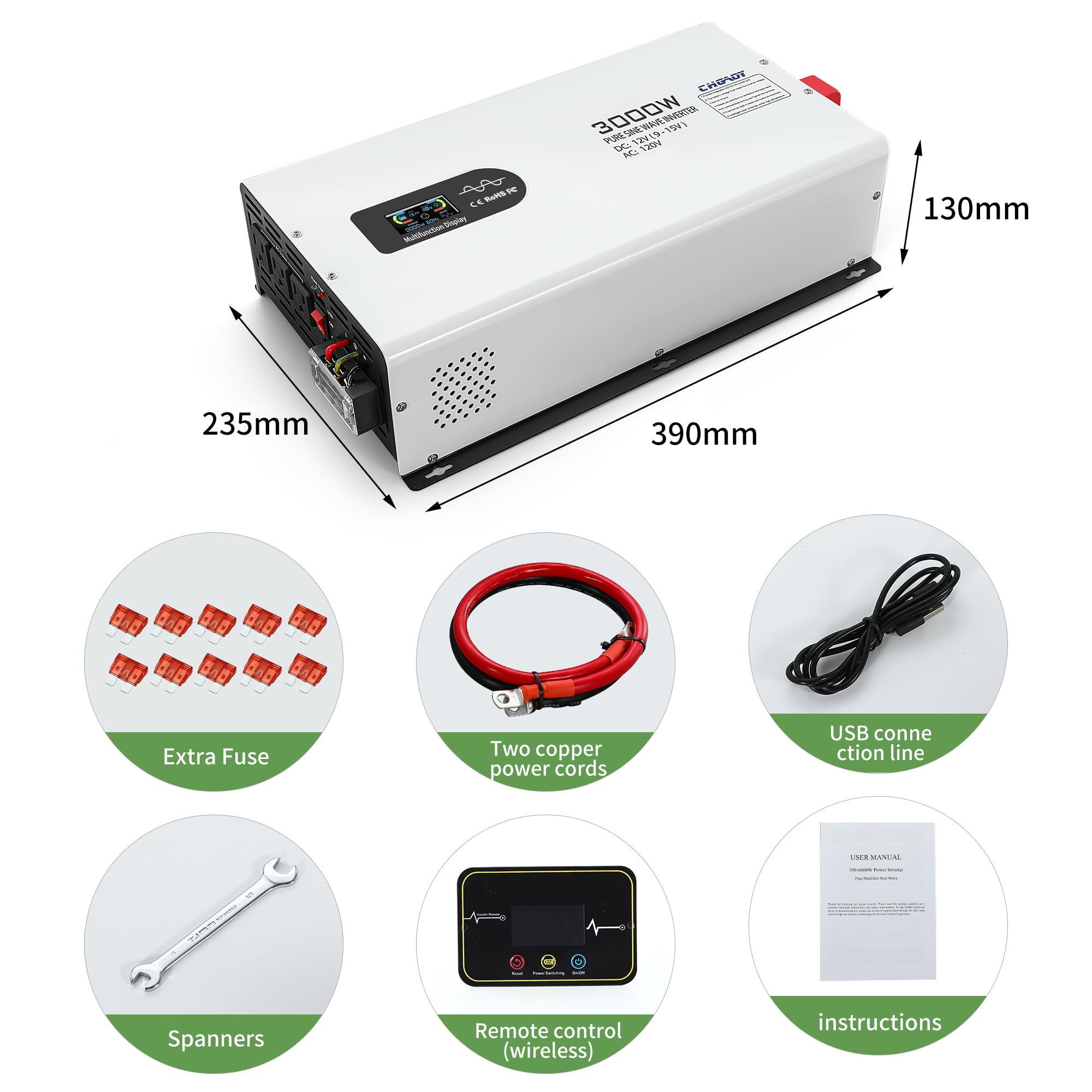 3000W Pure Sine Wave Power Inverter 12V DC to 120V AC with LCD Display & Remote - Car, RV, Truck, Home, Camping, Travel - USB Port for Charging Devices on the Go