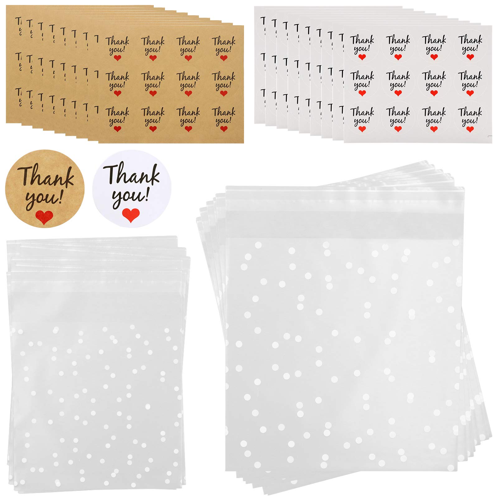 416Pcs Self Adhesive Cookie Bags with Thank You Stickers - 200 Cellophane Treat Bags + 216 Thank You Stickers - White Polka Dot Design for Gift Giving, Cookies, Chocolates - Perfect for Birthday Parties, Baby Showers & Wedding Favors