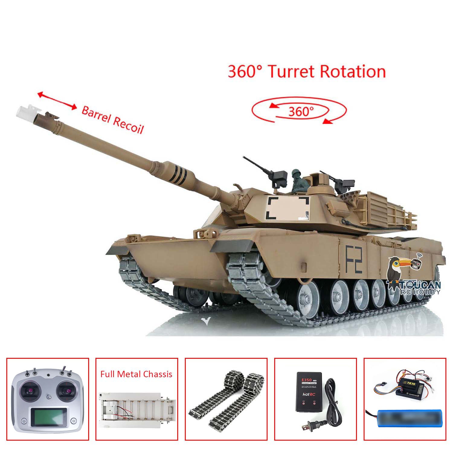 Heng Long 1/16 Scale RTR RC Tank - M1A2 Abrams Full Metal Painted Chassis with TK16 Mainboard, IR Battle System, Smoke & Sound Effects, 360° Rotating Turret - Perfect for Military Enthusiasts & RC Hobbyists (Model 3918)