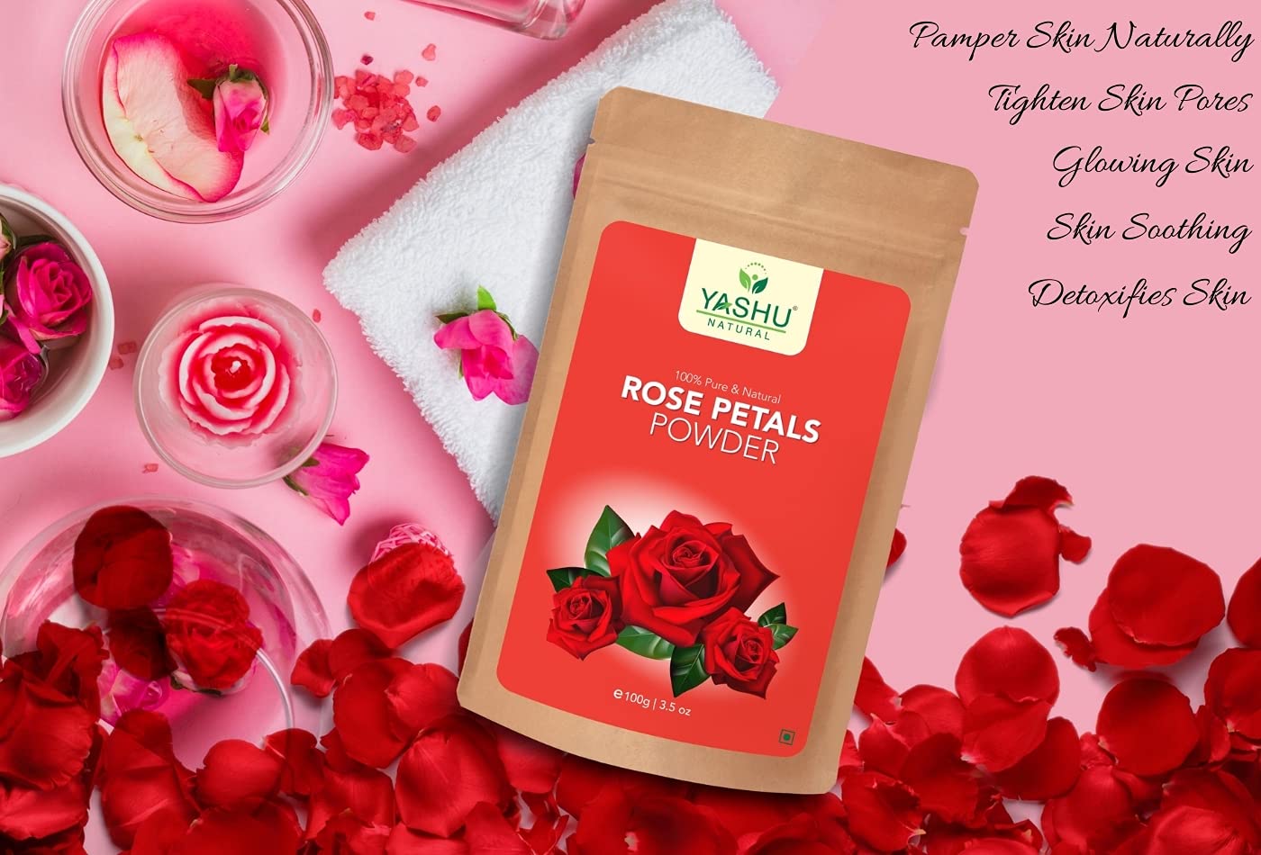 YASHU Pure Rose Petals & Papaya Leaves Face Powder for Natural Glow & Detan | Organic Skin Brightening Facial Pack (200g) - Perfect for Daily Skincare Routine & Bridal Glow Preparation
