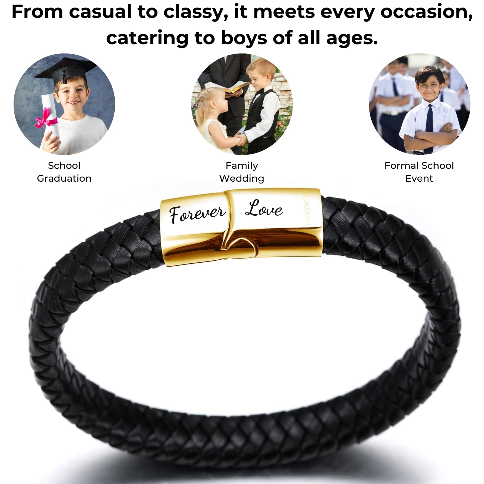 **Halukakah Kids Leather Bracelet for Boys - Classic Brown/Black, Magnetic Titanium Closure in Gold/Silver/Black, Adjustable 7