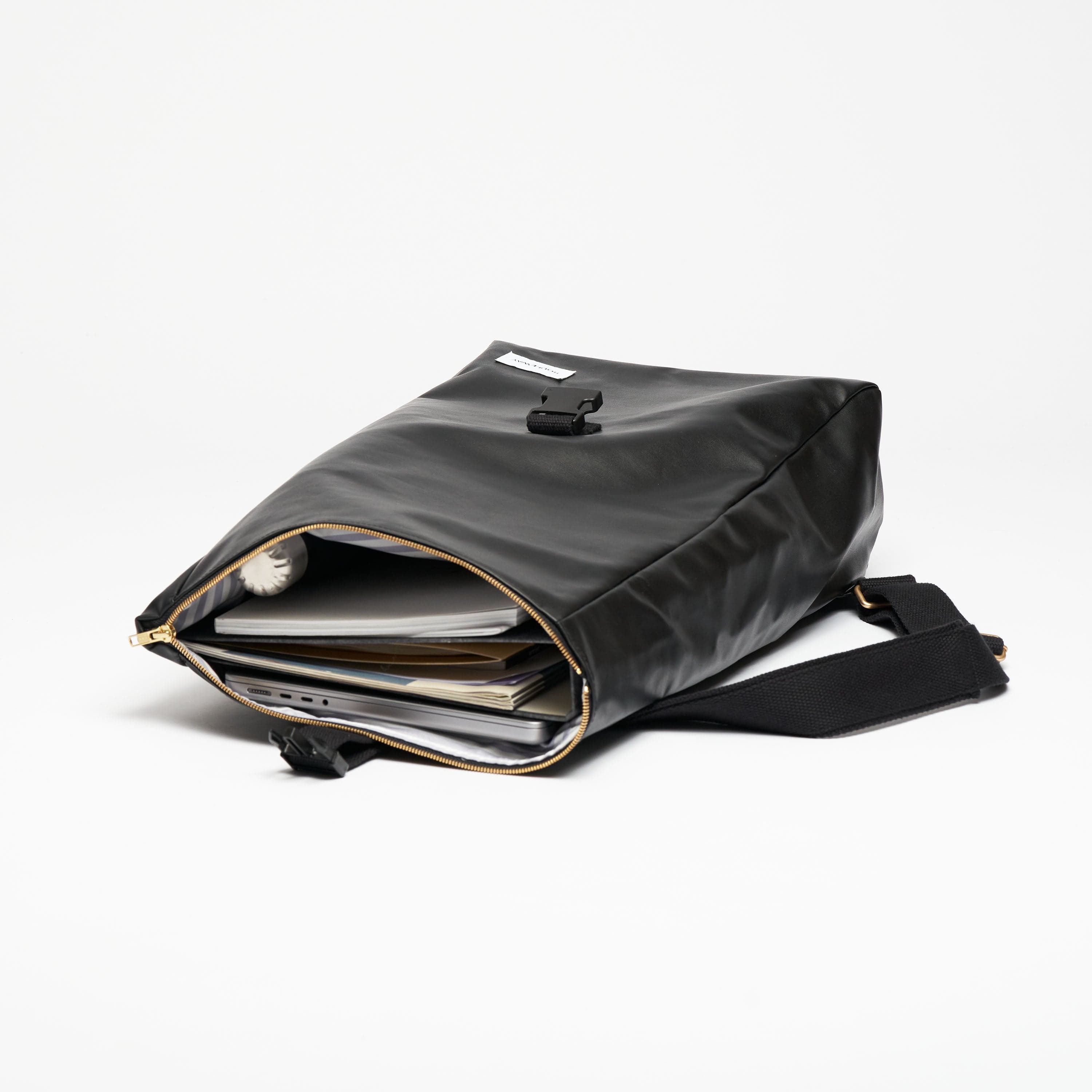 Oleatex Vegan Olive Leather Foldtop Backpack for Women & Men - Eco-Friendly Night Black Travel Bag for Work, School & Outdoor Adventures