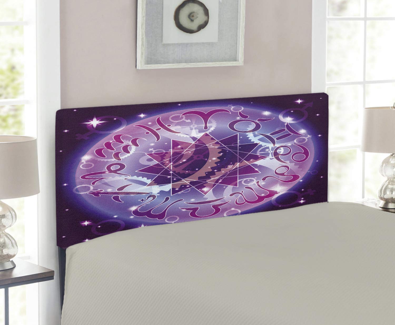 Ambesonne Astrology Upholstered Headboard - Zodiac Circle in Space with Abstract Gender Signs & Star Center, Twin Size Purple & Blue Memory Foam Bed Headboard | Perfect for Teen Bedroom, Dorm Decor & Celestial-Themed Home Design
