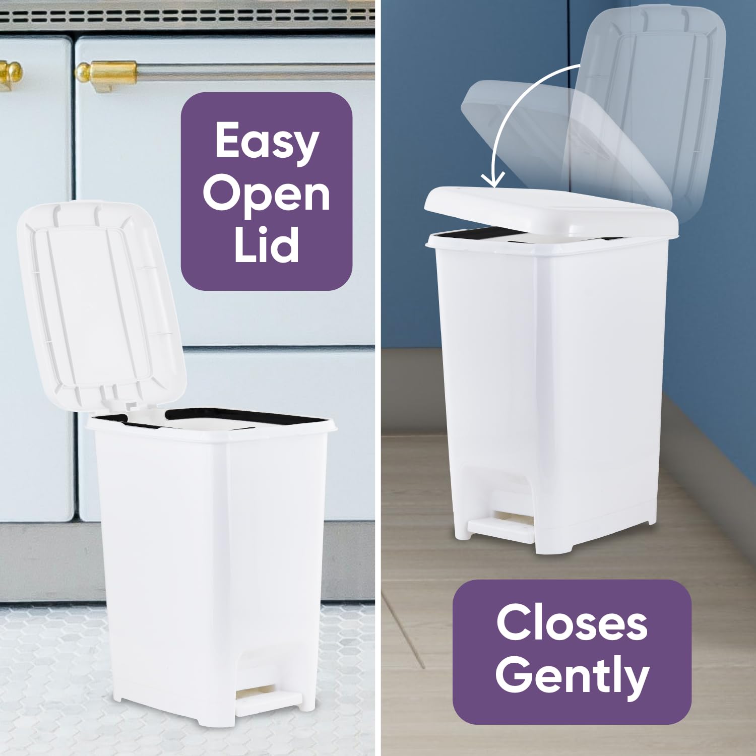 Superio 4 Gallon Slim Step-On Trash Can with Lid - Small Plastic Foot Pedal Garbage Bin for Bathroom, Kitchen, Office, Bedroom & Dorm - Perfect for Tight Spaces & Hands-Free Disposal - White