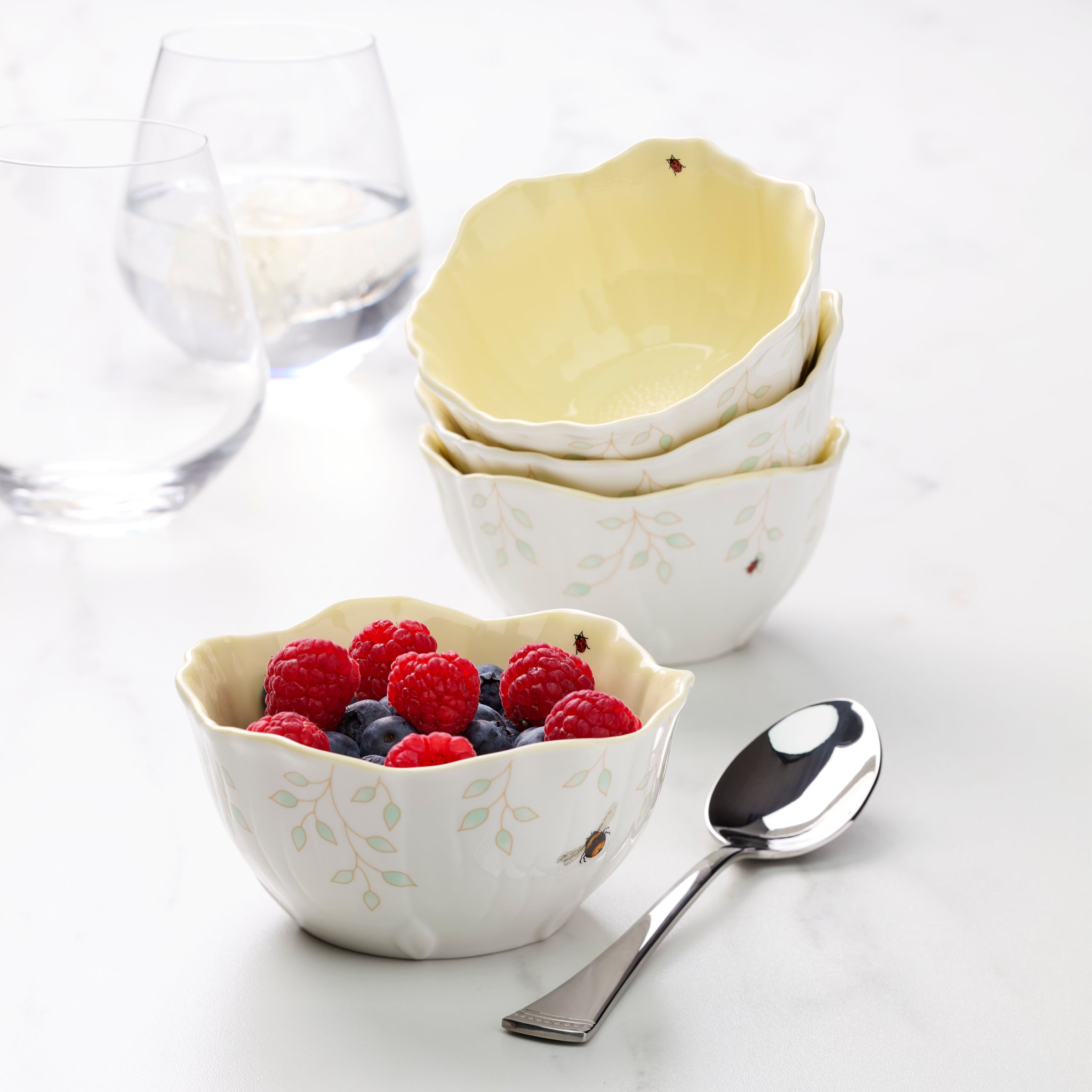 Butterfly Meadow Floral Blue Dessert Bowls Set of 4 - Elegant Porcelain Small Plates for Ice Cream, Pudding & Fruit - Perfect for Parties, Tea Time & Home Decor