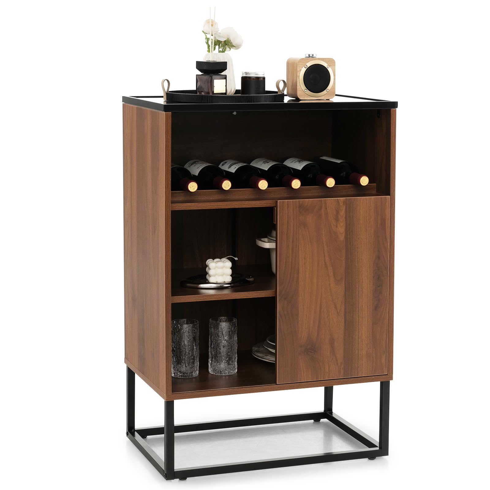 Giantex Wine Bar Cabinet with Tempered Glass Top - Freestanding Sideboard Buffet with Adjustable Feet, Shelf & Sliding Door - Perfect for Living Room, Dining Room, Kitchen & Home Bar Storage