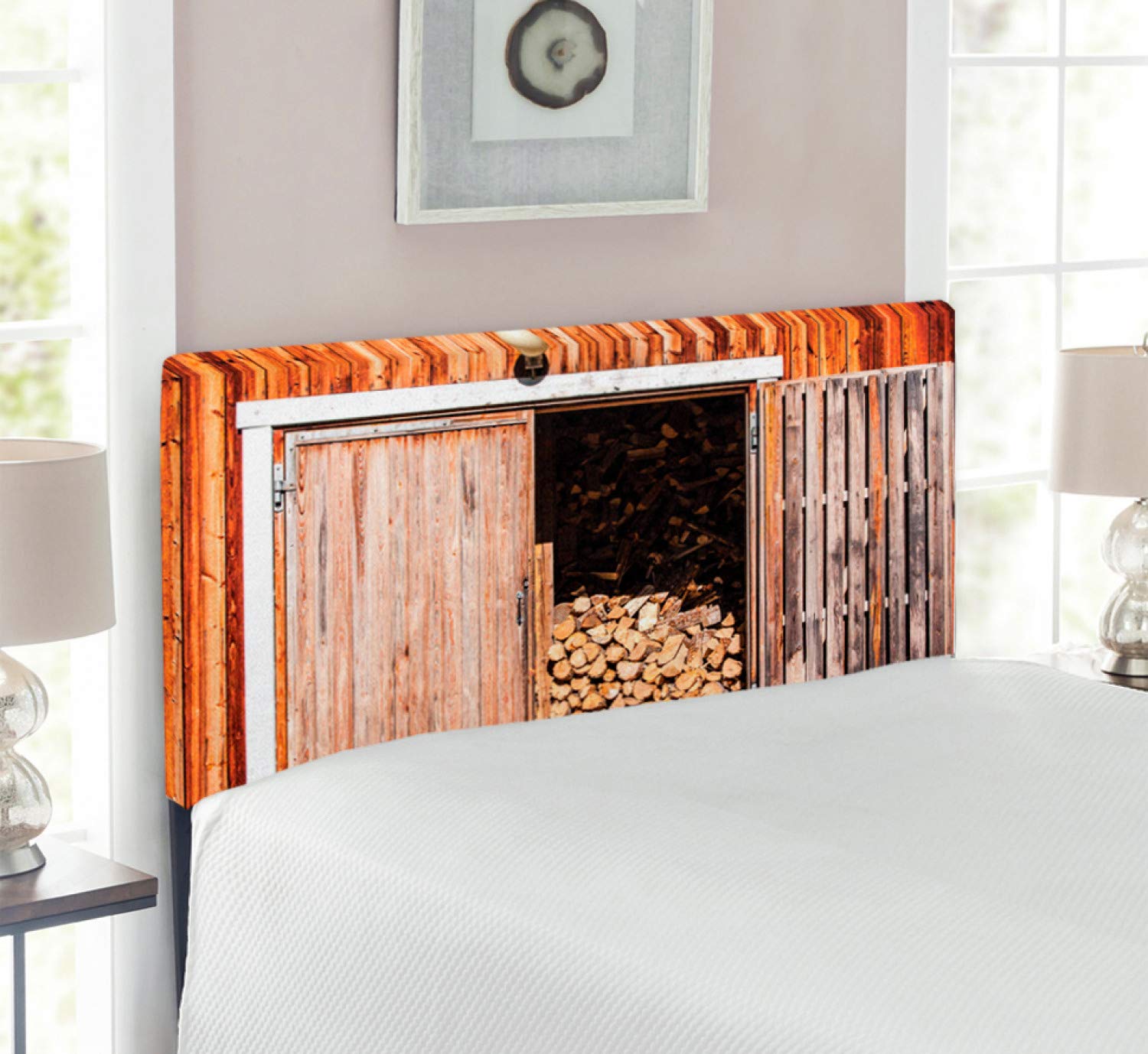 Ambesonne Rustic Upholstered Headboard - Weathered Barn Wood Design with Memory Foam, Twin Size Bed Frame in Orange Brown | Countryside Village & Garden Decor for Cozy Bedroom, Farmhouse or Cottage Style