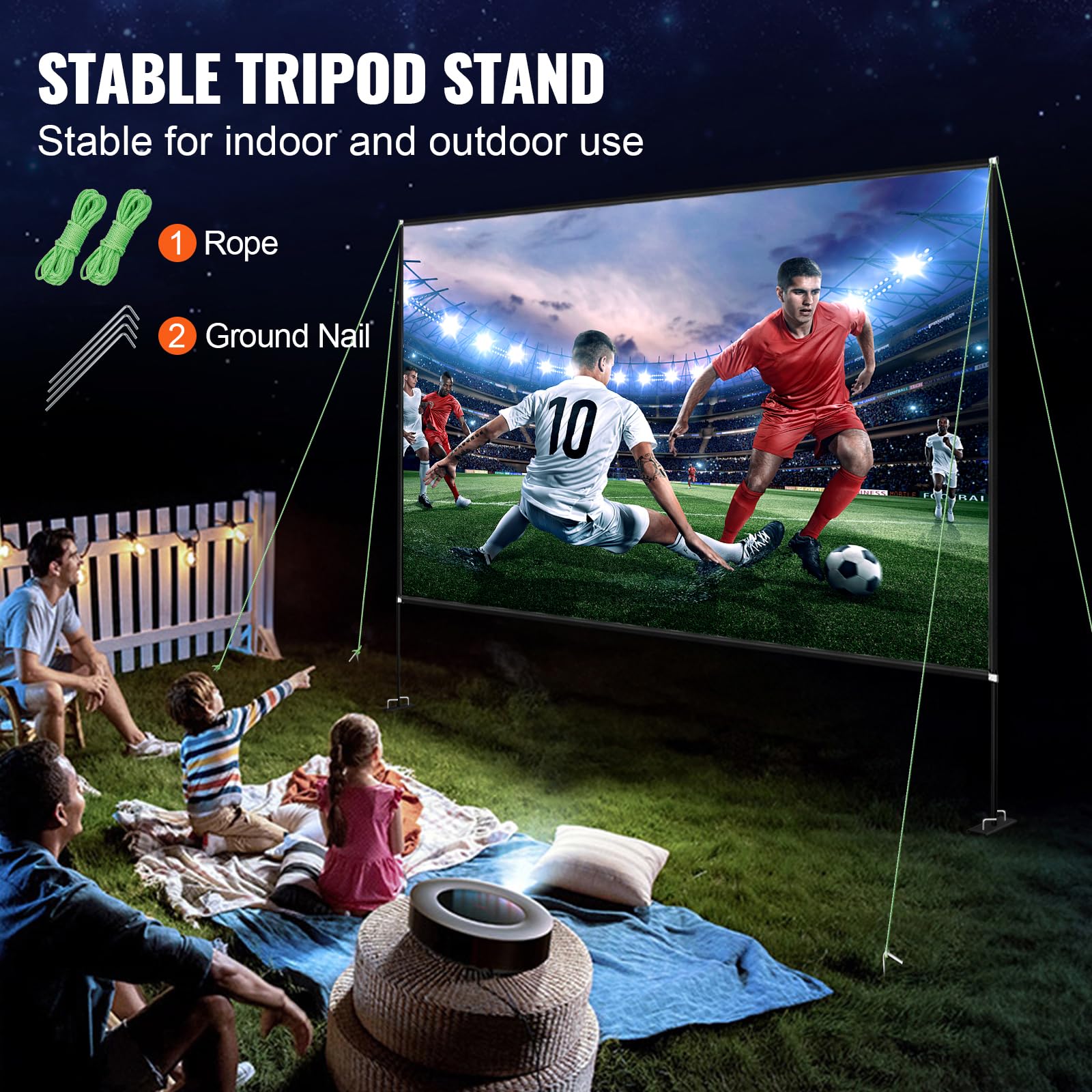 VEVOR 180-Inch Portable Projector Screen with Stand - 16:9 HD 4K Wide Angle Outdoor Movie Screen, Easy Assembly & Storage Bag - Perfect for Backyard Movie Nights, Home Theater, and Outdoor Events