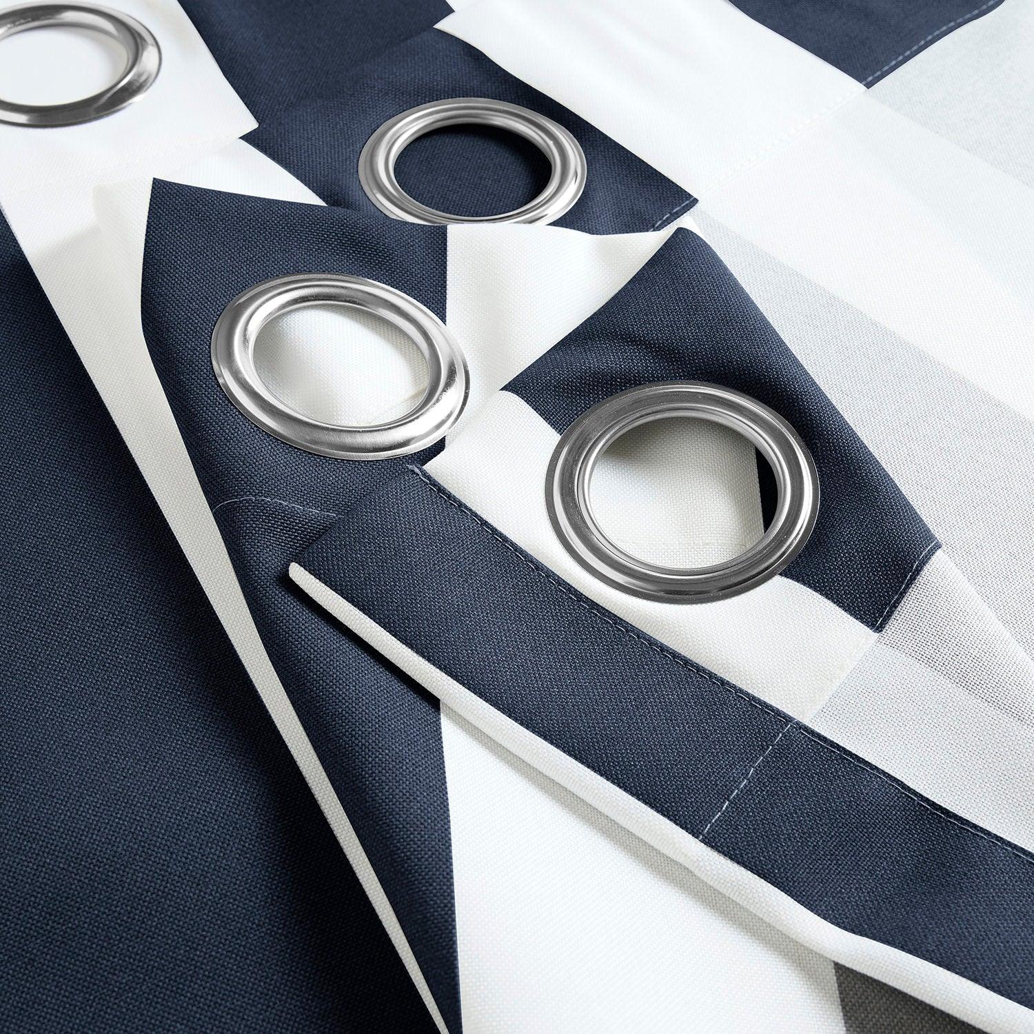 Nautical Navy Blue Striped Grommet Villanova Outdoor Curtains - Waterproof Sun Shade Patio Curtains for Porch, Deck, Poolside & Backyard