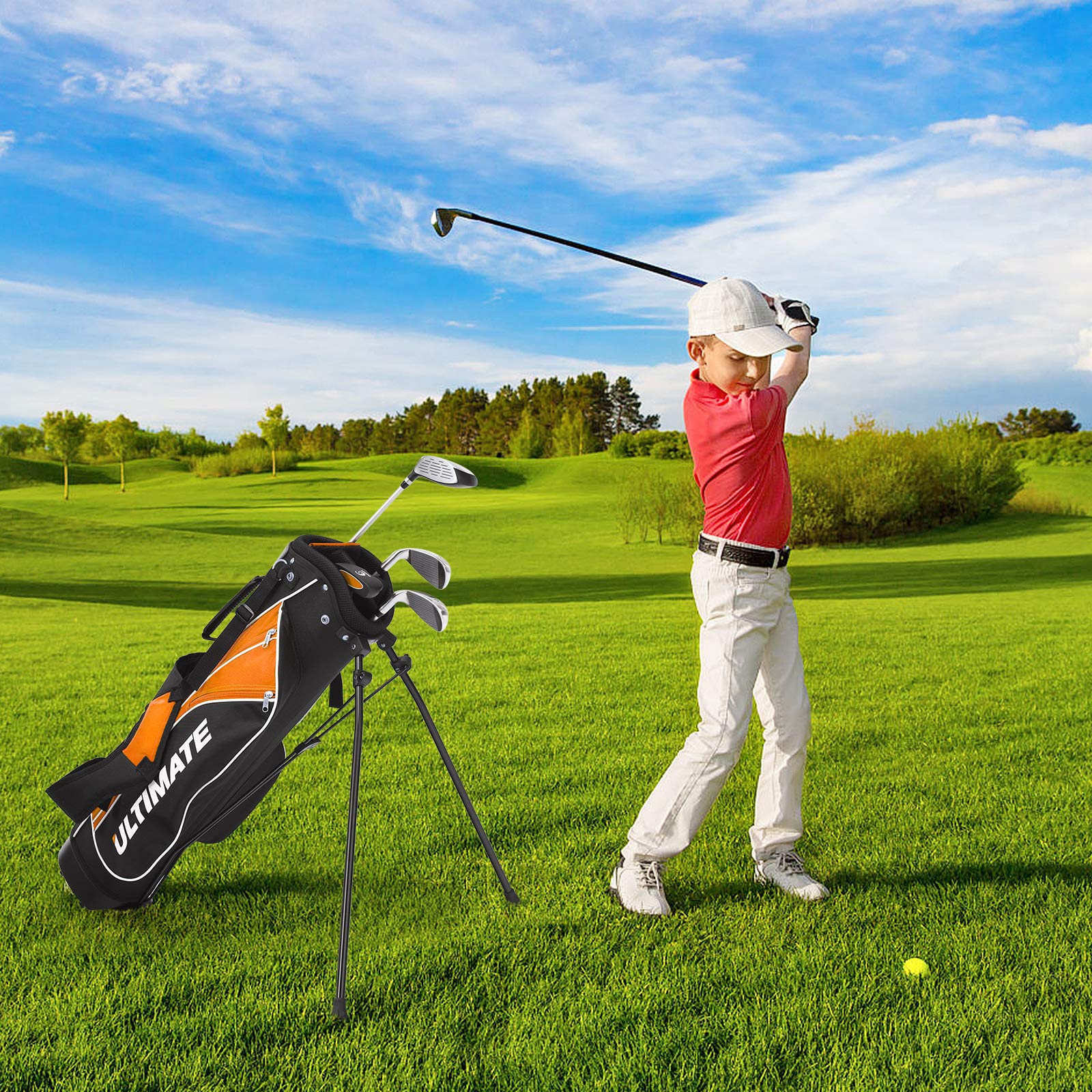 **Best Kids Golf Clubs Set for Boys & Girls Ages 11-13 - Right Hand Orange Youth Golf Clubs with Stand Bag, 3# Wood, 7# & 9# Irons, Putter, Head Cover & Rain Hood - Perfect for Junior Golf Training & Outdoor Sports**