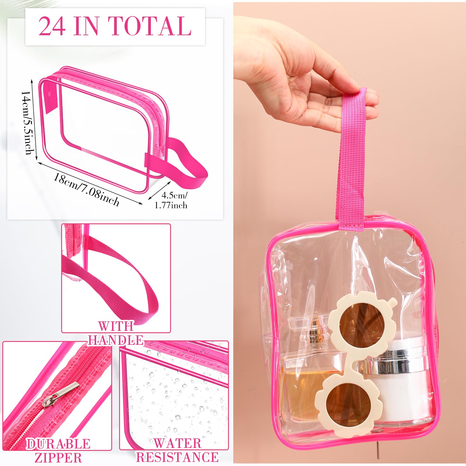 Silkfly 24 Pcs Clear PVC Travel Toiletry Bag with Handle Strap - Waterproof Cosmetic Makeup Organizer for Women, Perfect for Vacation, Gym, Salon & Mother's Day Gift (Rose Pink)