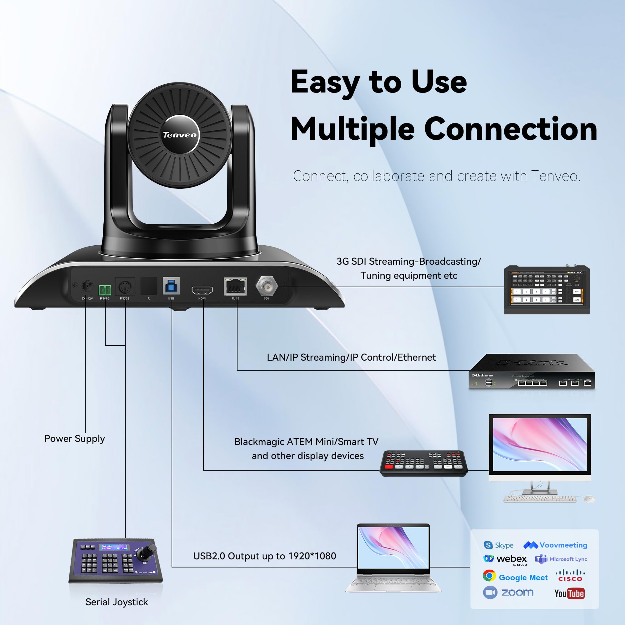 Tenveo 20X Optical Zoom PTZ Conference Camera with SDI/USB/HDMI/RJ45 - Full HD 1080P 60FPS Webcam for Live Streaming, Video Conferencing (Zoom/Skype/Teams) - Ideal for Online Meetings, Church Services, Education & YouTube/OBS Streaming