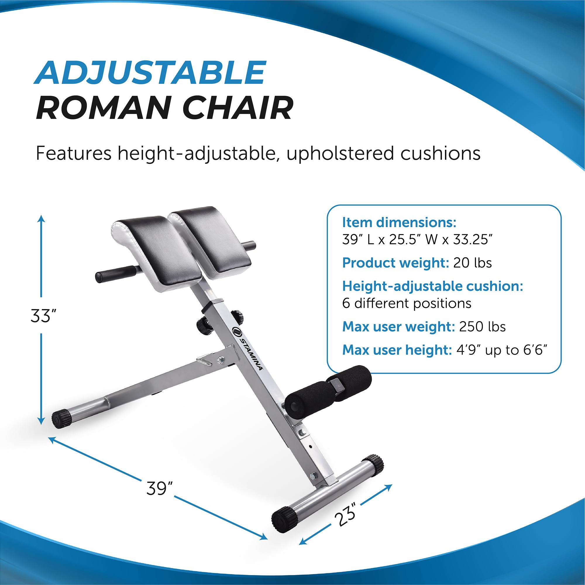 Stamina Hyperextension Bench 2014 - Adjustable Foldable Roman Chair for Home Gym, Core & Back Workouts - 250 lbs Weight Capacity - Perfect for Strength Training, Rehabilitation & Fitness Enthusiasts