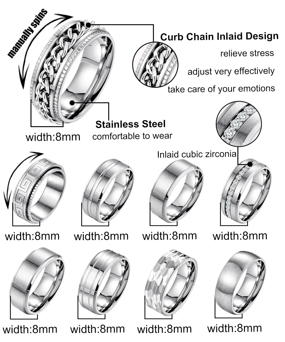 9Pcs 8MM Stainless Steel Band Rings for Men & Women - Simple Brushed Wedding, Engagement, Promise Rings Set (Sizes 7-13) | Durable & Hypoallergenic Jewelry for Everyday Wear, Anniversary Gifts & Couple Rings