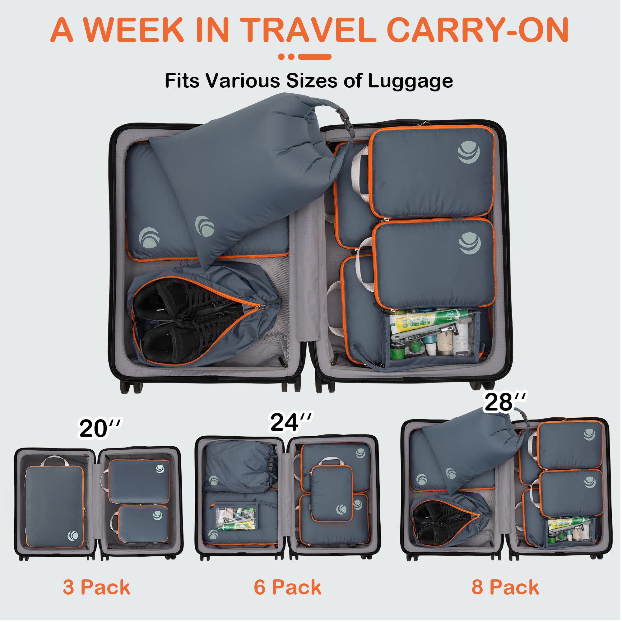 Cipway 8-Piece Travel Compression Packing Cubes Set - Lightweight Luggage Organizer with Shoe Bag, Toiletry Bag & Laundry Bag - Perfect for Carry-On Suitcases & Backpacks - Ideal for Business Trips, Vacations & Weekend Getaways (Gray)