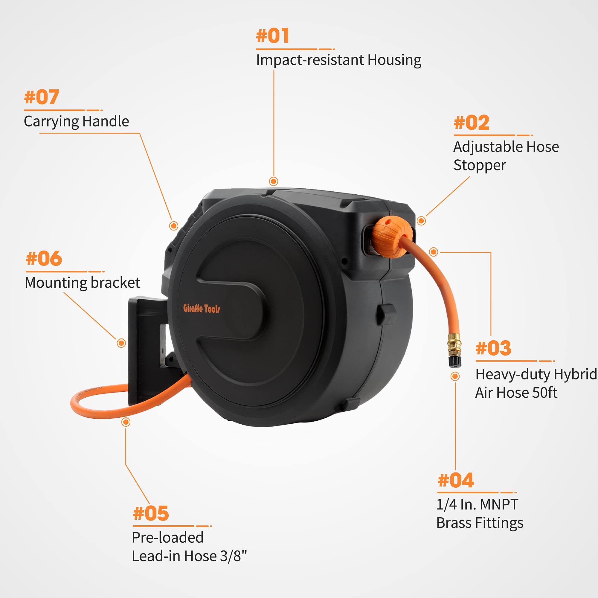 Giraffe Tools 50ft Retractable Air Hose Reel with 25ft Hybrid Hose - Heavy Duty Steel Wall Mount Reel, Auto Rewind, 300PSI - Perfect for Garage, Workshop & Automotive Air Tools