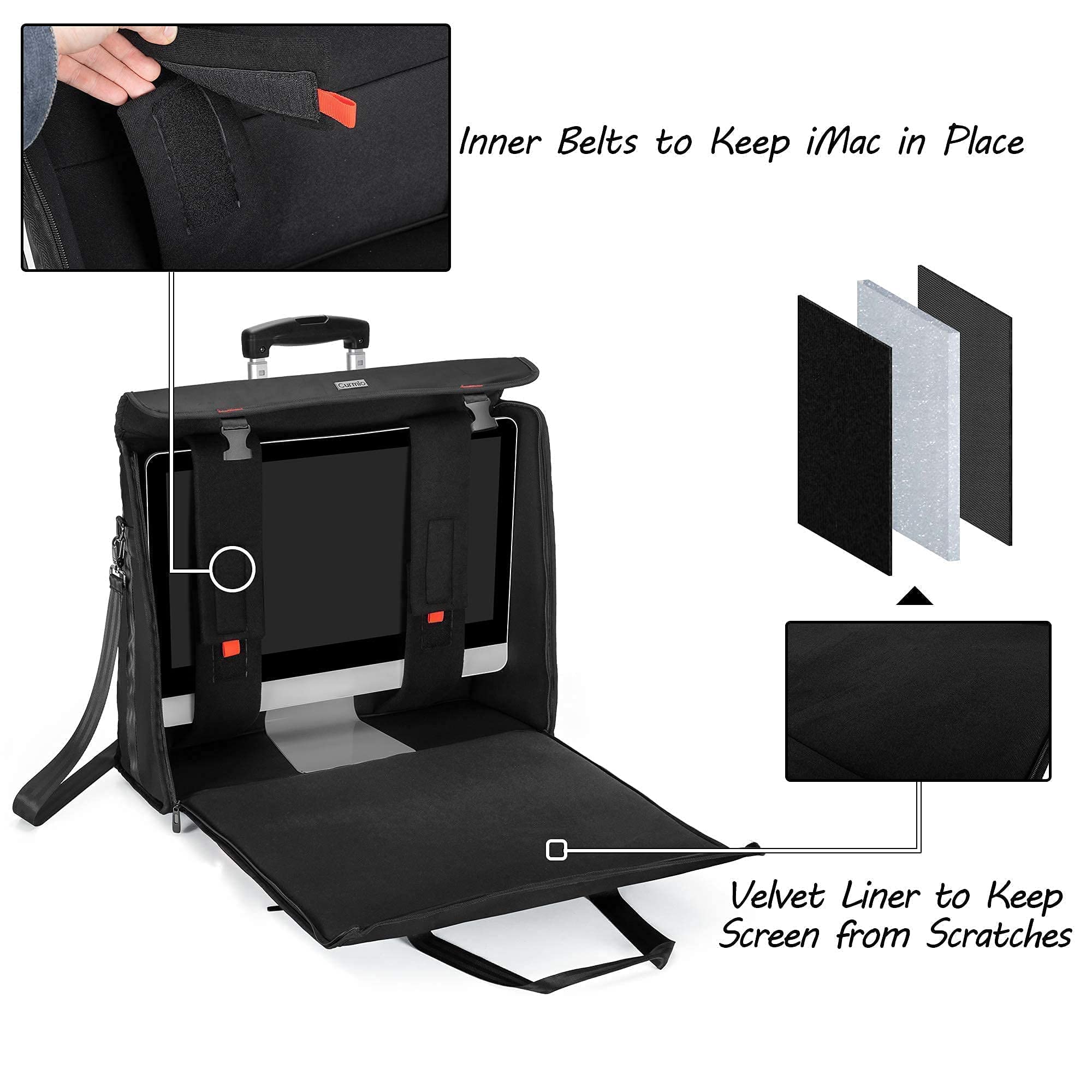 CURMIO Rolling Tote Bag with Wheels & Rubber Handle - Compatible with Apple iMac 21.5 inch Desktop Computer - Black Patented Design - Perfect for Office, Travel & Tech Transport