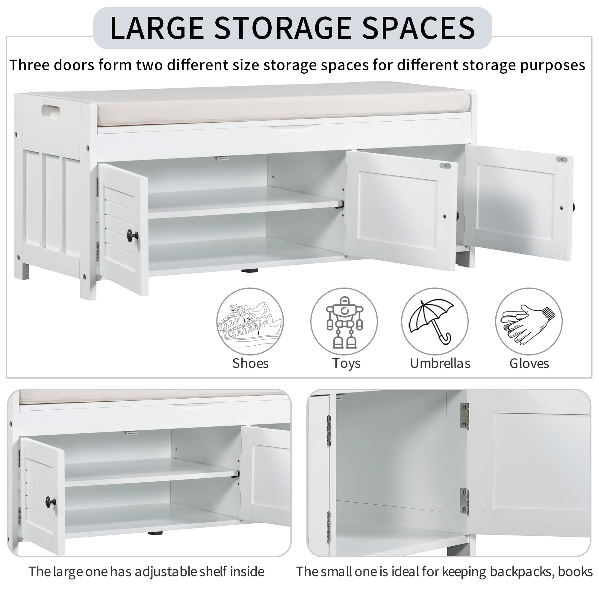 P PURLOVE Wooden Entryway Storage Bench with 3 Shutter Doors - Shoe Bench with 2-Size Storage, Removable Cushion & Hidden Compartment | Perfect for Hallway, Mudroom & Living Room Organization