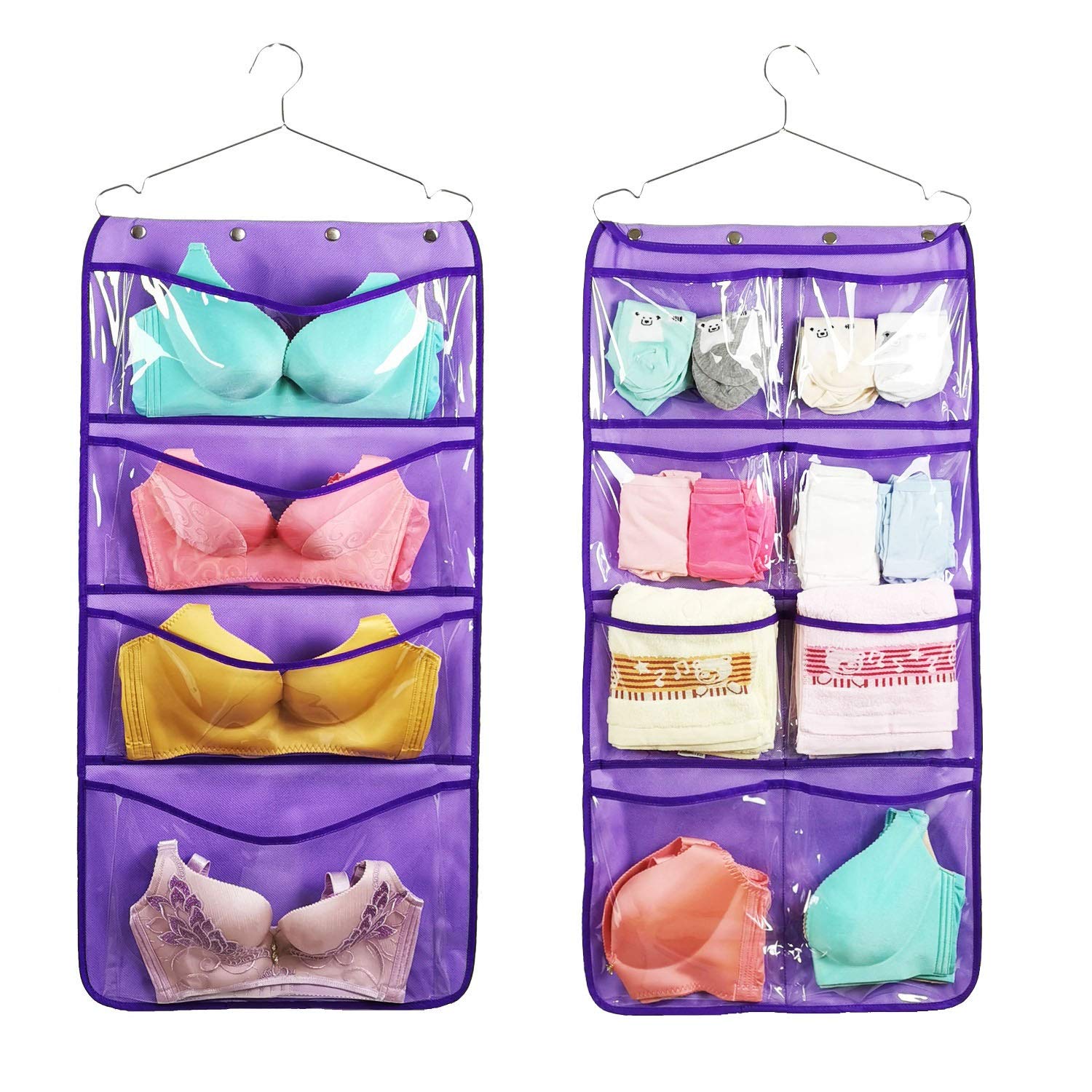 Durable Dual-Sided Hanging Closet Organizer with 12 Large Clear Pockets - Perfect for Underwear, Socks, Bras & Stockings Storage - Space Saving Closet Accessory (Purple) - Ideal for Bedroom, Dorm & Travel Organization