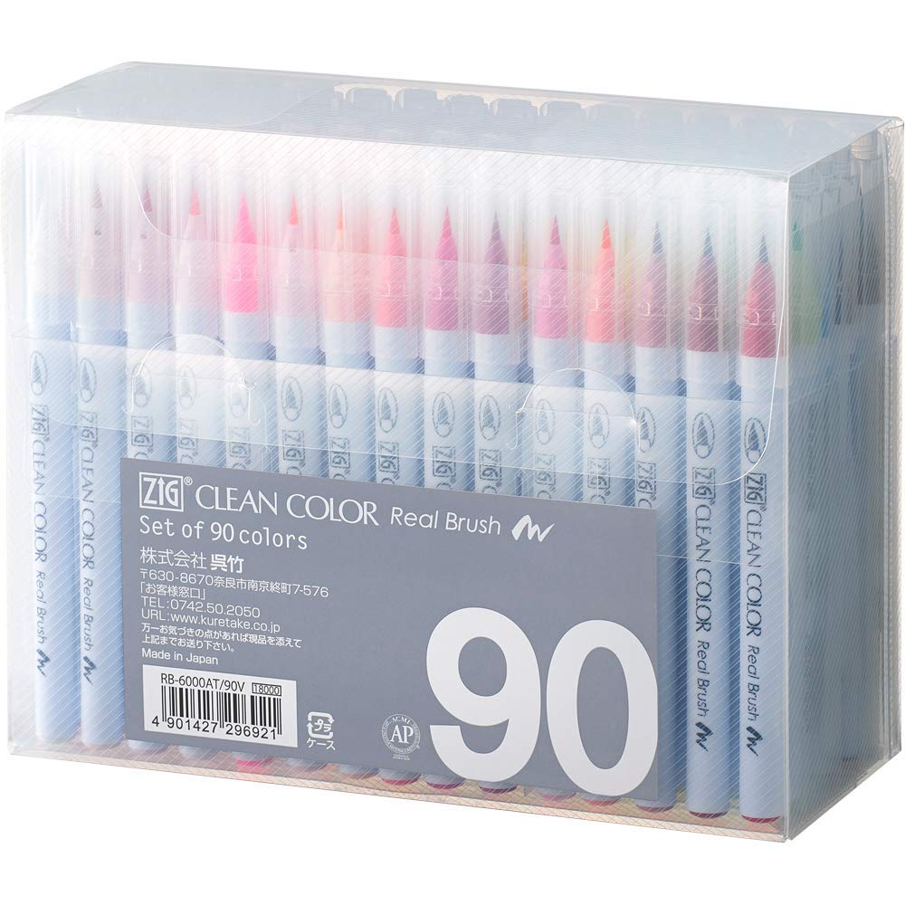 Kuretake Zig Clean Color Real Brush 90 Colors Set - Professional Brush Tip Marker Pens for Artists, Coloring, Drawing, Calligraphy & Lettering - Made in Japan - Perfect for Sketching, Manga Art & Bullet Journaling