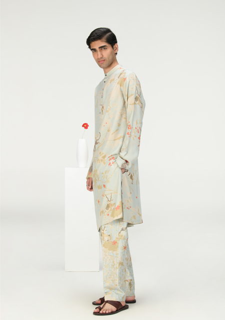 Bade Miyan Kurta for Men - Premium Muga Satin Silk Kurta in Ice Blue - Perfect for Festivals, Weddings & Special Occasions