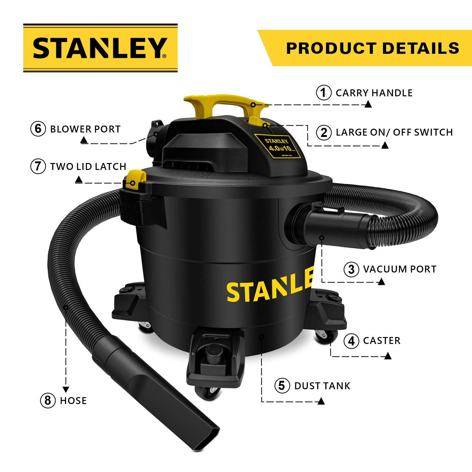 Stanley 10 Gallon 4HP Wet/Dry Shop Vacuum SL18191P - Powerful 16ft Reach Vacuum Cleaner with Attachments for Home, Garage & Laundry Room - Large Capacity High Suction Vac for Cleaning Floors, Carpets, Workshops & Auto Detailing