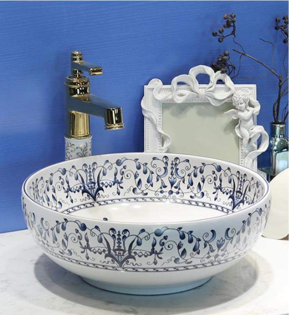Hand-Painted Blue and White Ceramic Vessel Sink - Modern Bathroom Countertop Basin with Overflow, Perfect for Powder Rooms, Guest Baths & Vanity Makeovers (Includes Drain Assembly)