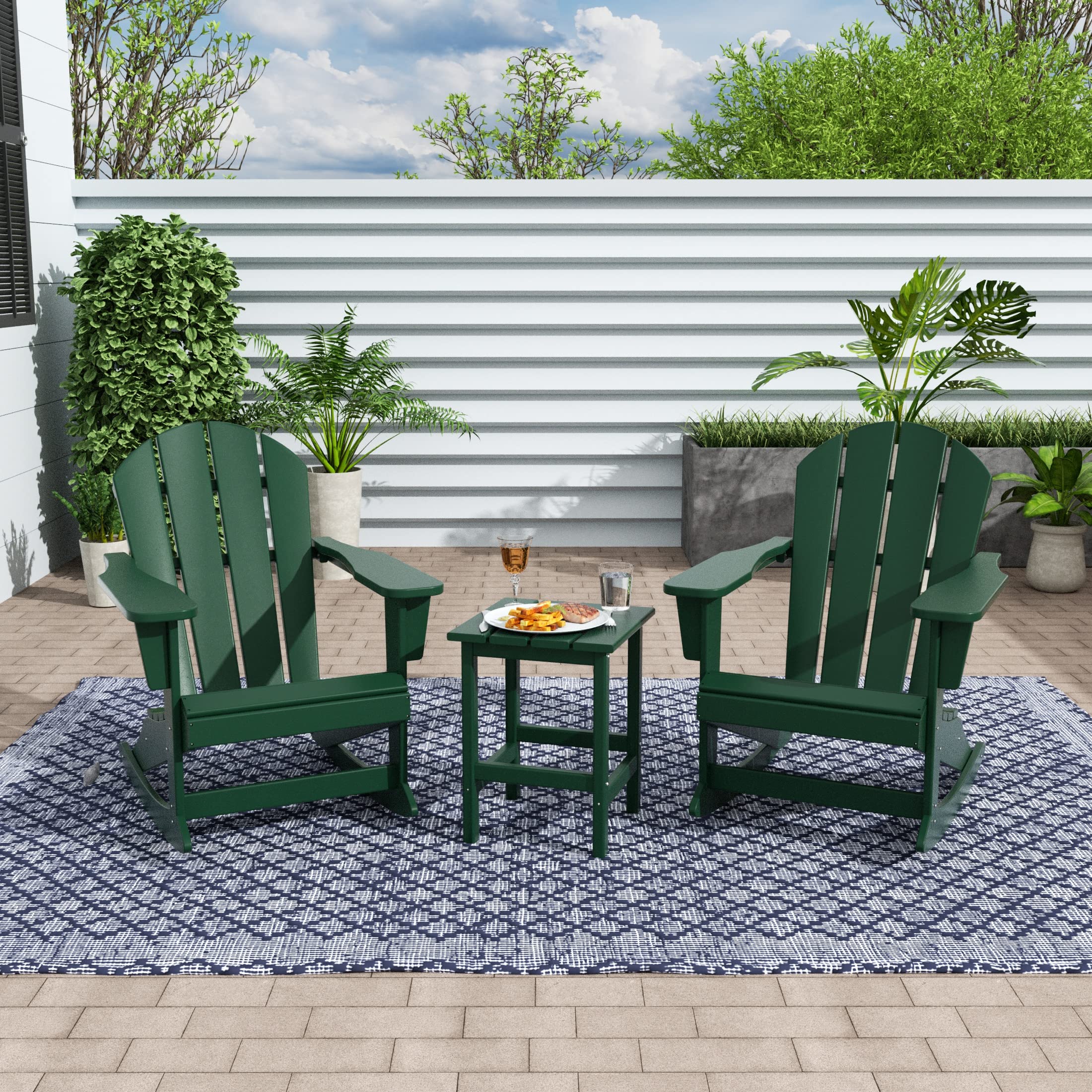 WestinTrends Malibu 3-Piece Outdoor Rocking Chair Set - All-Weather Poly Lumber Patio Furniture, 2 Adirondack Rockers with Side Table in Dark Green - Perfect for Porch, Garden, Backyard Relaxation and Outdoor Entertaining