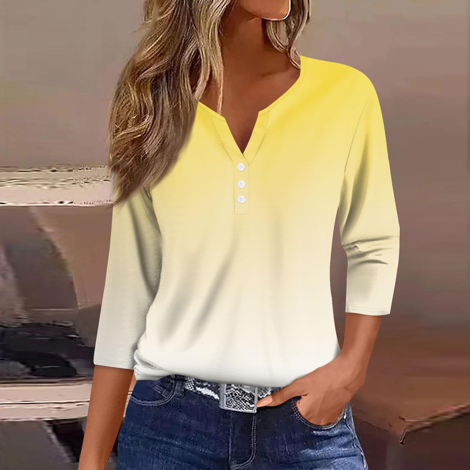 Women's Casual V-Neck Printed 3/4 Sleeve Button Down Shirt - Stylish Fashion Tops for Everyday Wear, Work & Outings