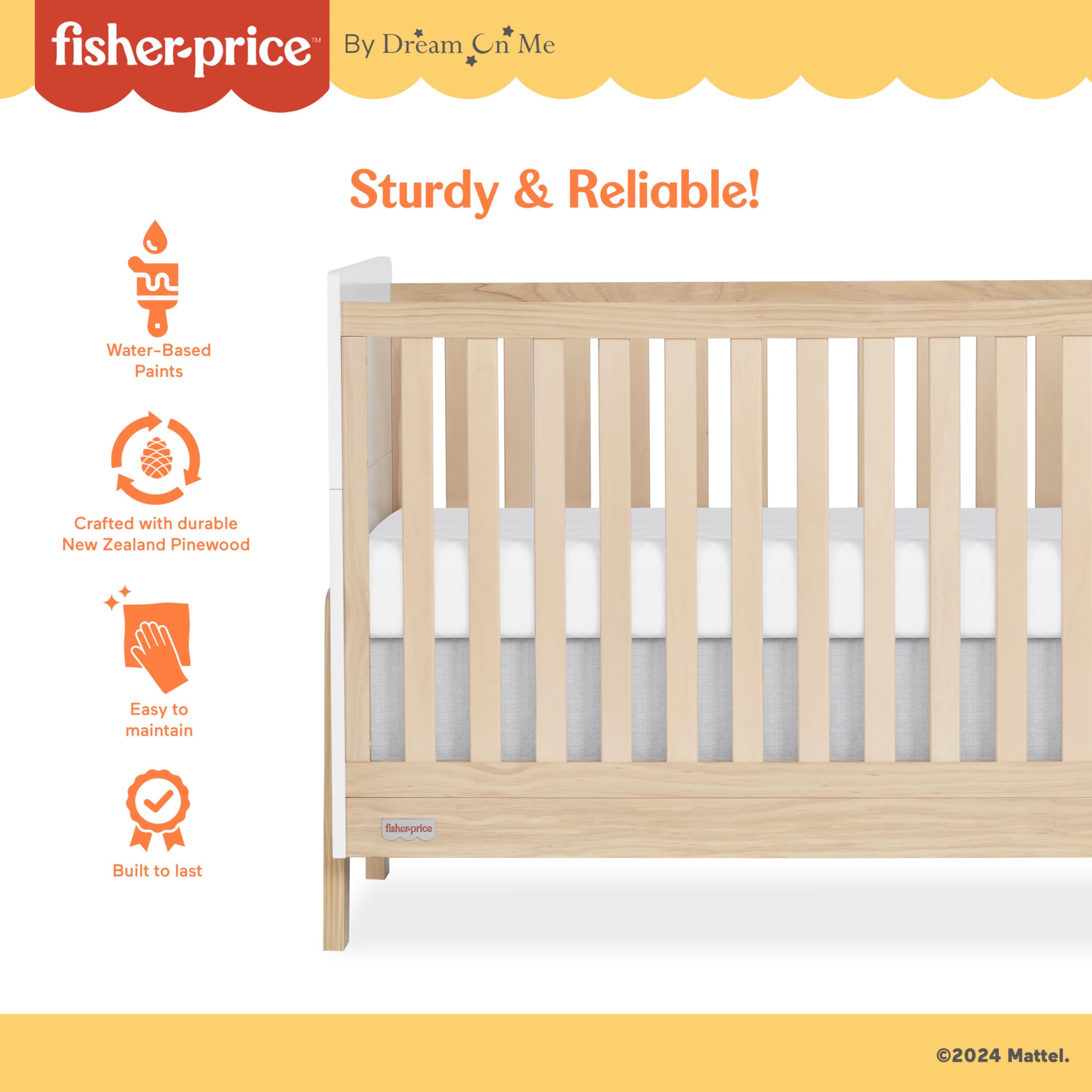 Dream On Me Fisher-Price Iris 4-in-1 Convertible Crib - Greenguard Gold & JPMA Certified Baby Crib | Converts to Day Bed, Toddler Bed & Full Size Bed | Safe Nursery Furniture for Newborns & Growing Kids | Perfect for Baby Rooms, Daycares & Family Homes