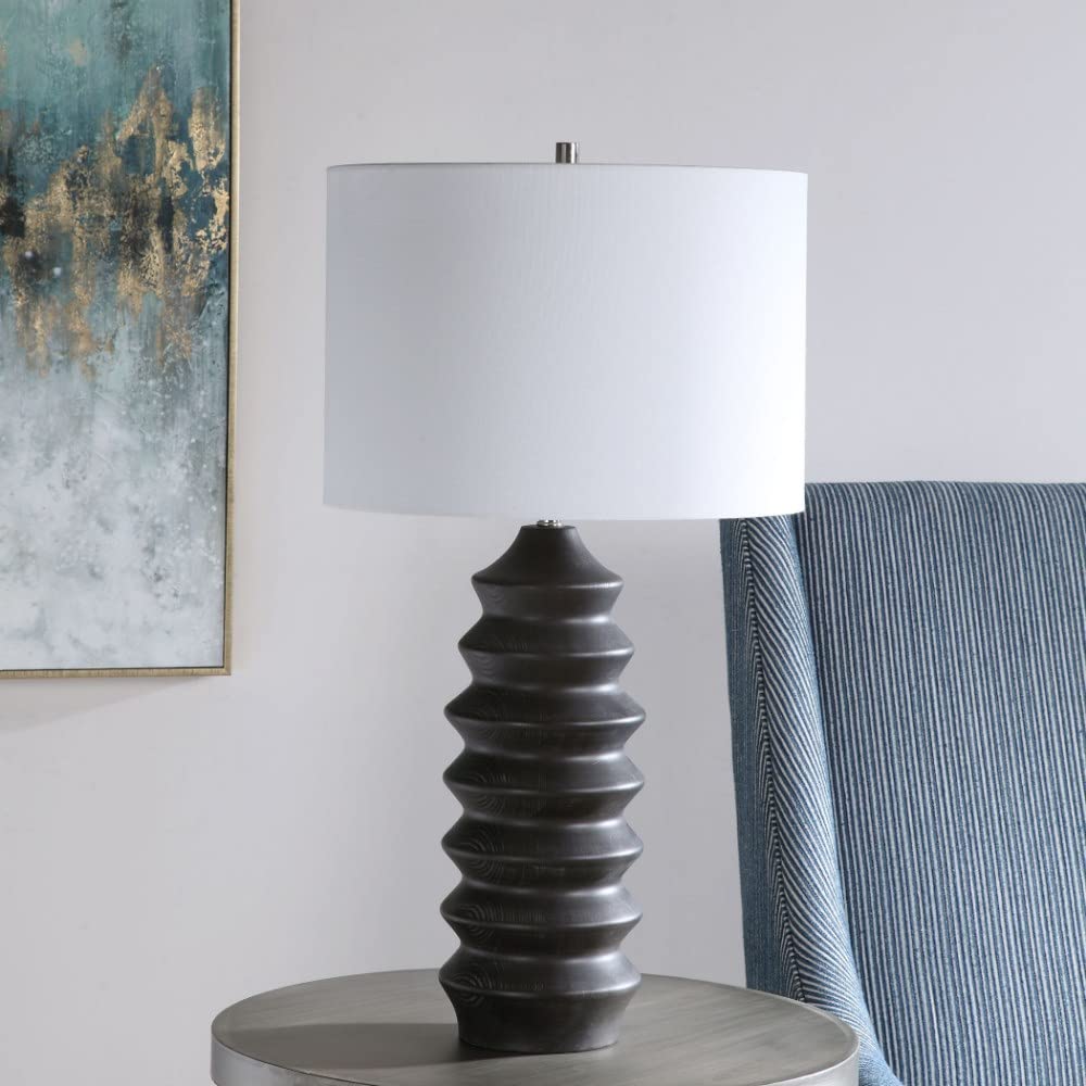 Modern Tall 1-Light Table Lamp with White Linen Round Drum Hardback Shade & 3-Way Switch - Perfect for Living Room, Bedroom, or Office Lighting Decor