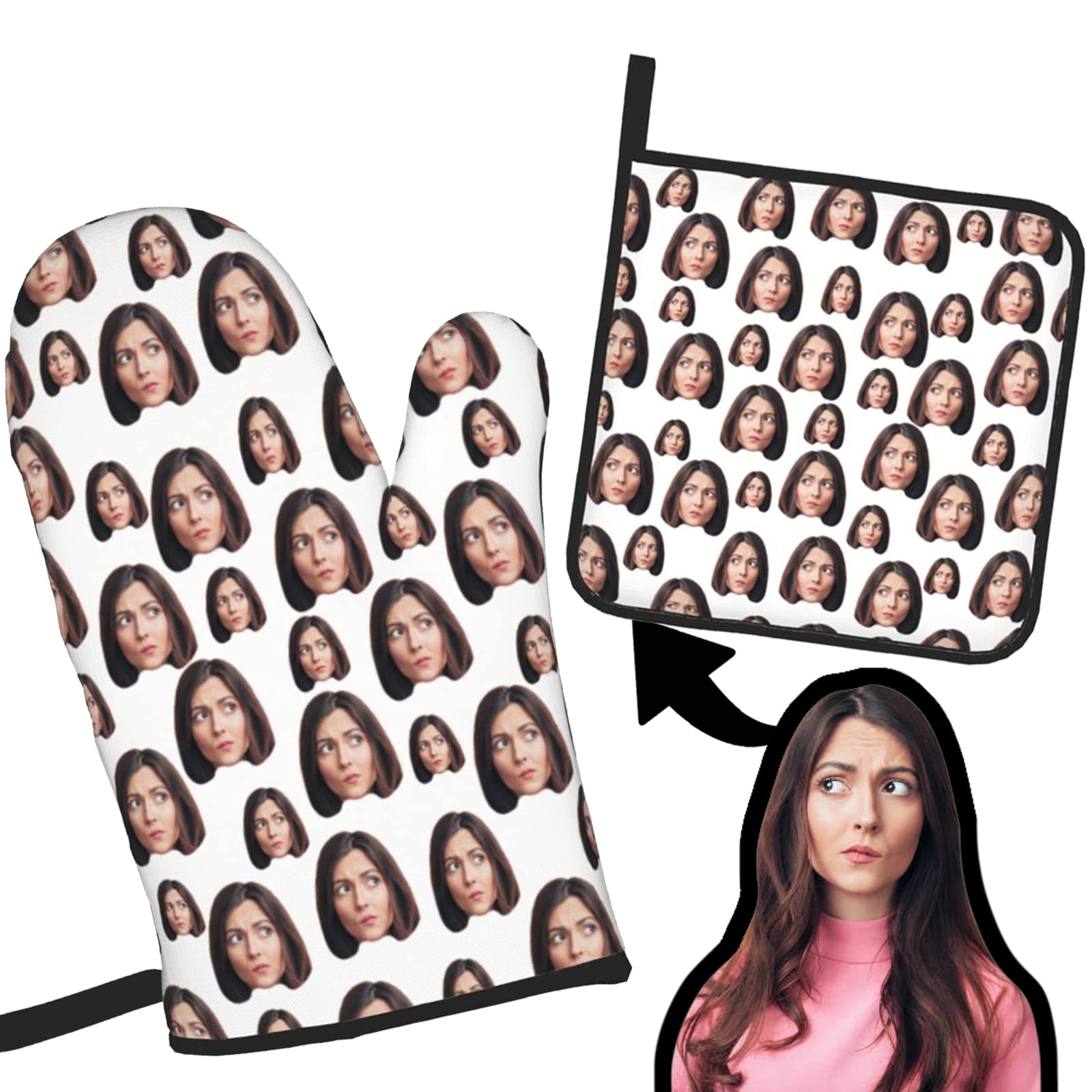 EAQ Custom Face2 Oven Mitts and Pot Holders Set - Heat Resistant 8x8 Inch Kitchen Accessories (2-Piece, Cotton Polyester Blend, Machine Washable) - Perfect for Baking, Grilling, and Cooking Protection