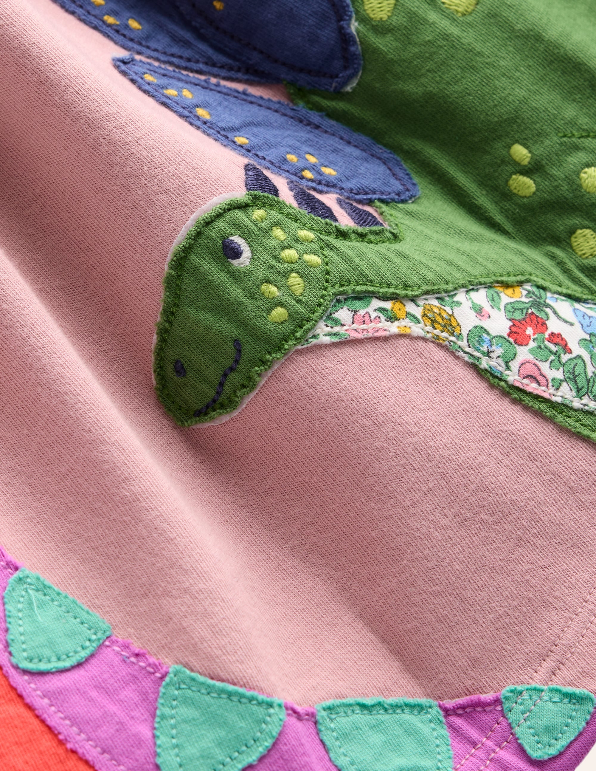 Vintage Pink Dinosaur Appliqué Hem Jersey Dress - Casual Summer Flowy Dress for Women, Perfect for Beach, Picnic & Date Night