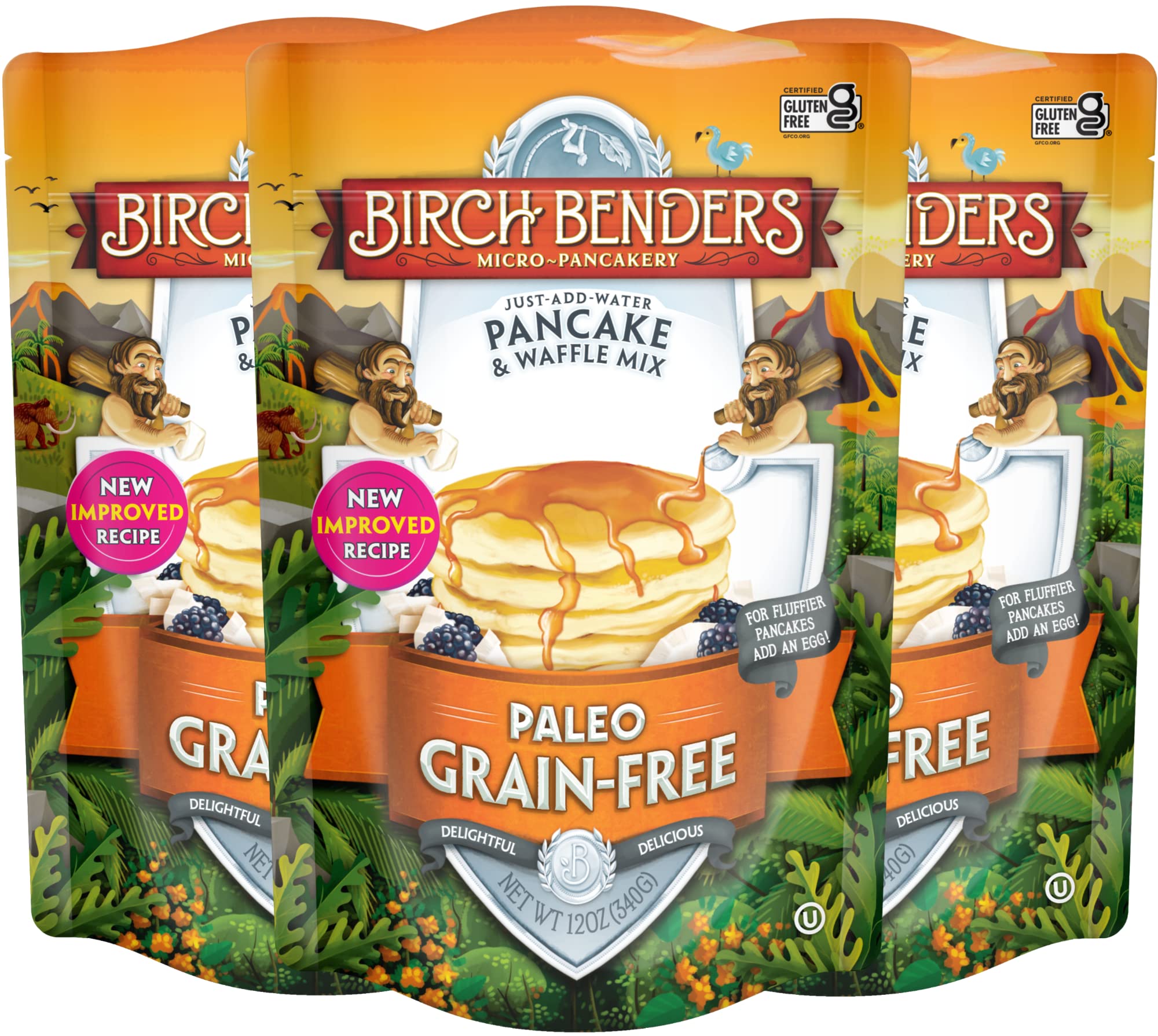 Birch Benders Paleo Pancake & Waffle Mix - Gluten Free, Grain Free (Cassava, Coconut, Almond Flour) - Just Add Water - 12oz (3 Pack) - Perfect for Keto, Paleo & Vegan Breakfasts, Camping & Quick Family Meals