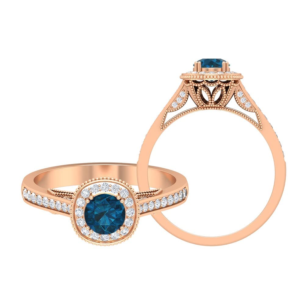 Certified London Blue Topaz & Diamond Vintage Crown Engagement Ring – 1 Cttw, 14K Solid Gold – Perfect for Proposals, Anniversaries & Bridal Jewelry