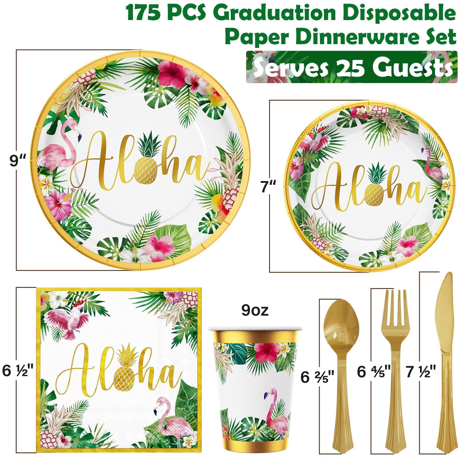 Ecomore 175-Piece Hawaiian Luau Party Decorations Set - Tropical Aloha Themed Disposable Dinnerware for 25 Guests (Plates, Cups, Napkins, Forks, Knives, Spoons) - Perfect for Summer Beach Parties, Birthday Celebrations & Tropical Themed Events (Gold)