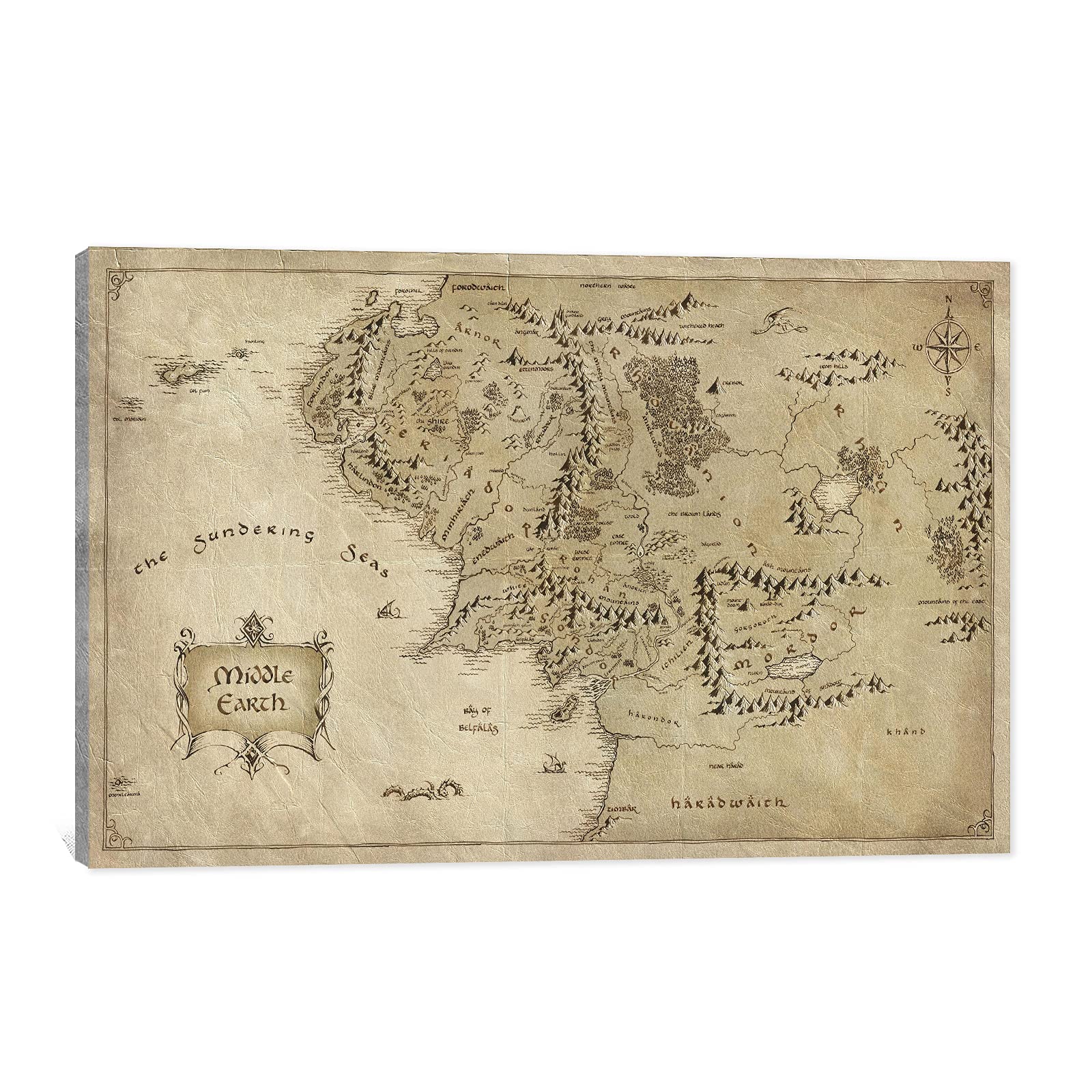 Large Vintage World Map Canvas Wall Art - 48x32 Inch Framed Middle Earth Map Painting for Living Room & Home Decor - Perfect for Fantasy Lovers, Office, Bedroom & Dorm Room Wall Decor