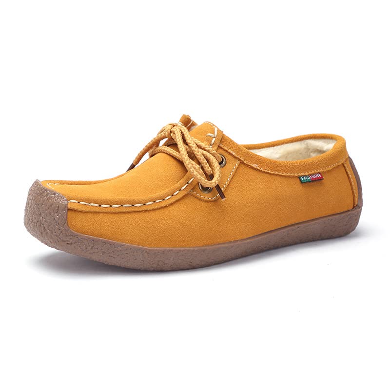 Women's Casual Lace-Up Loafers - Non-Slip Comfortable Flat Shoes for Women | Fashion Pea Design | Perfect for Office, Walking & Daily Wear (Yellow, Size 39)