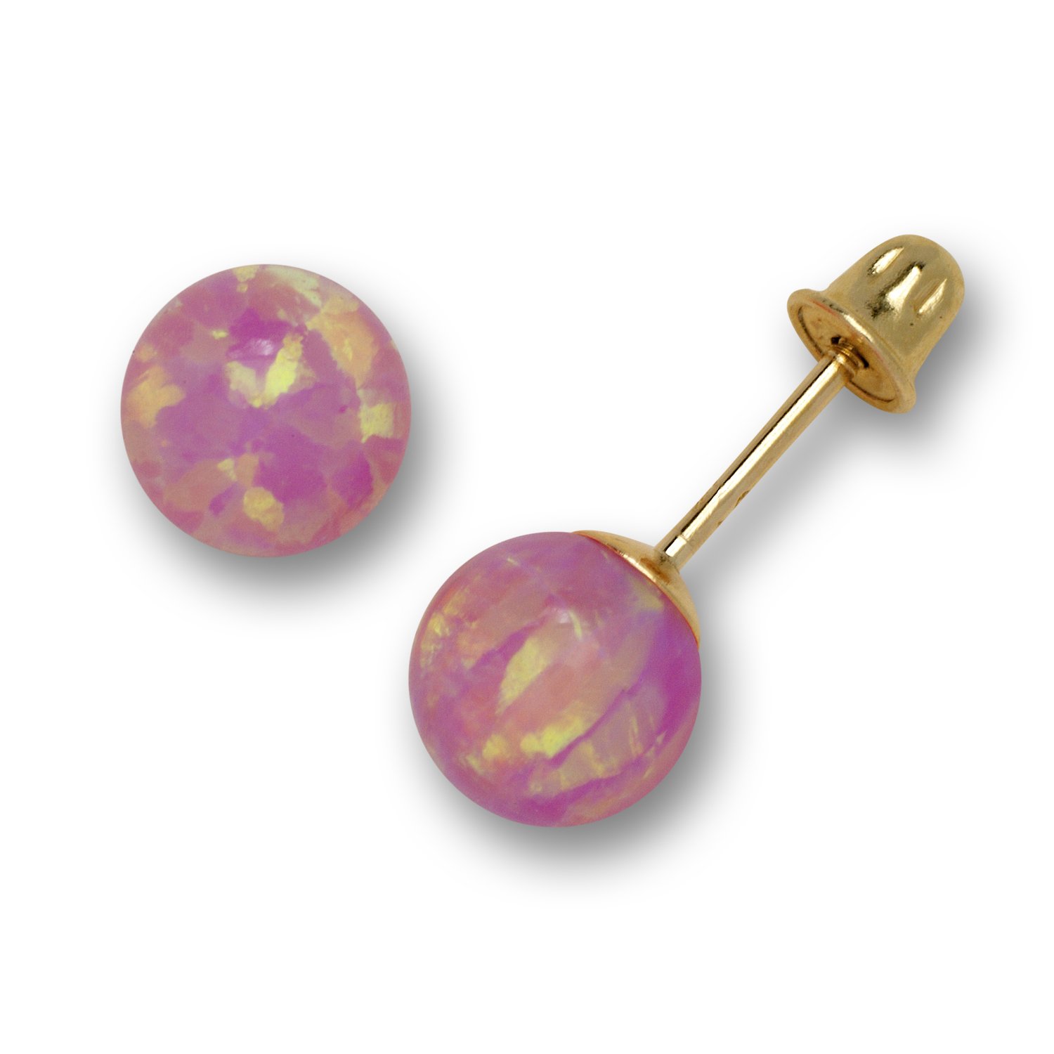 14K Yellow Gold Pink 6mm Simulated Opal Ball Stud Earrings with Screw Backs - Elegant Jewelry Gift for Women | Perfect for Weddings, Parties & Everyday Wear