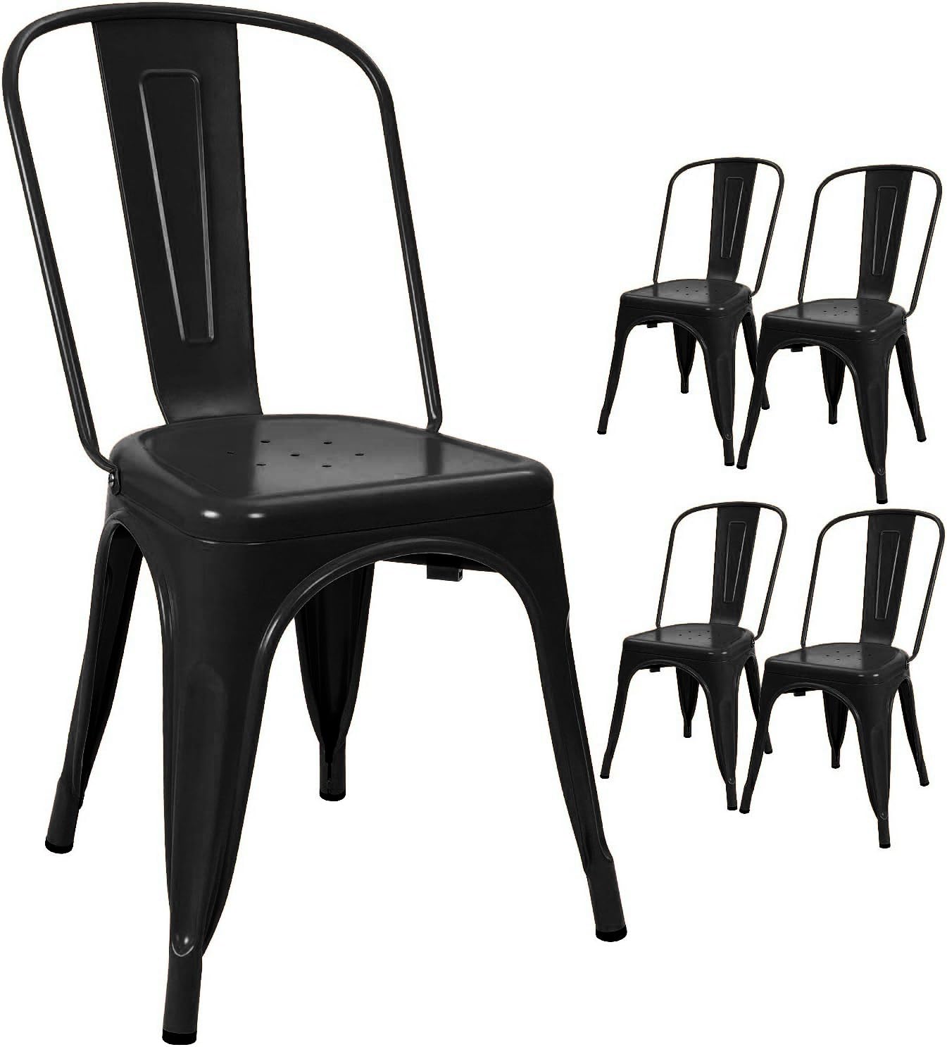Devoko 4-Piece Stackable Metal Indoor/Outdoor Dining Chairs - Distressed Black Kitchen Side Chairs with Backrest | Perfect for Patio, Restaurant, Cafe & Home Decor